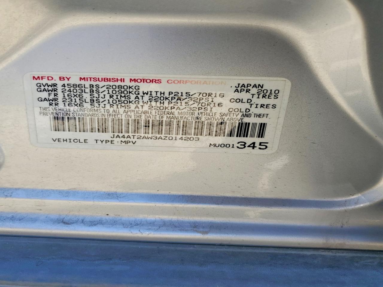 2010 Mitsubishi Outlander Es Silver vin: JA4AT2AW3AZ014203