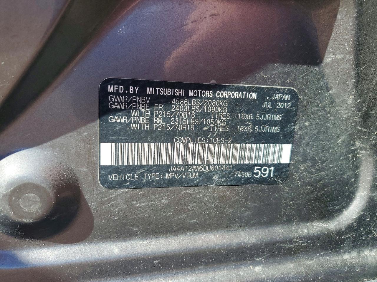 2013 Mitsubishi Outlander Es Gray vin: JA4AT2AW5DU601441