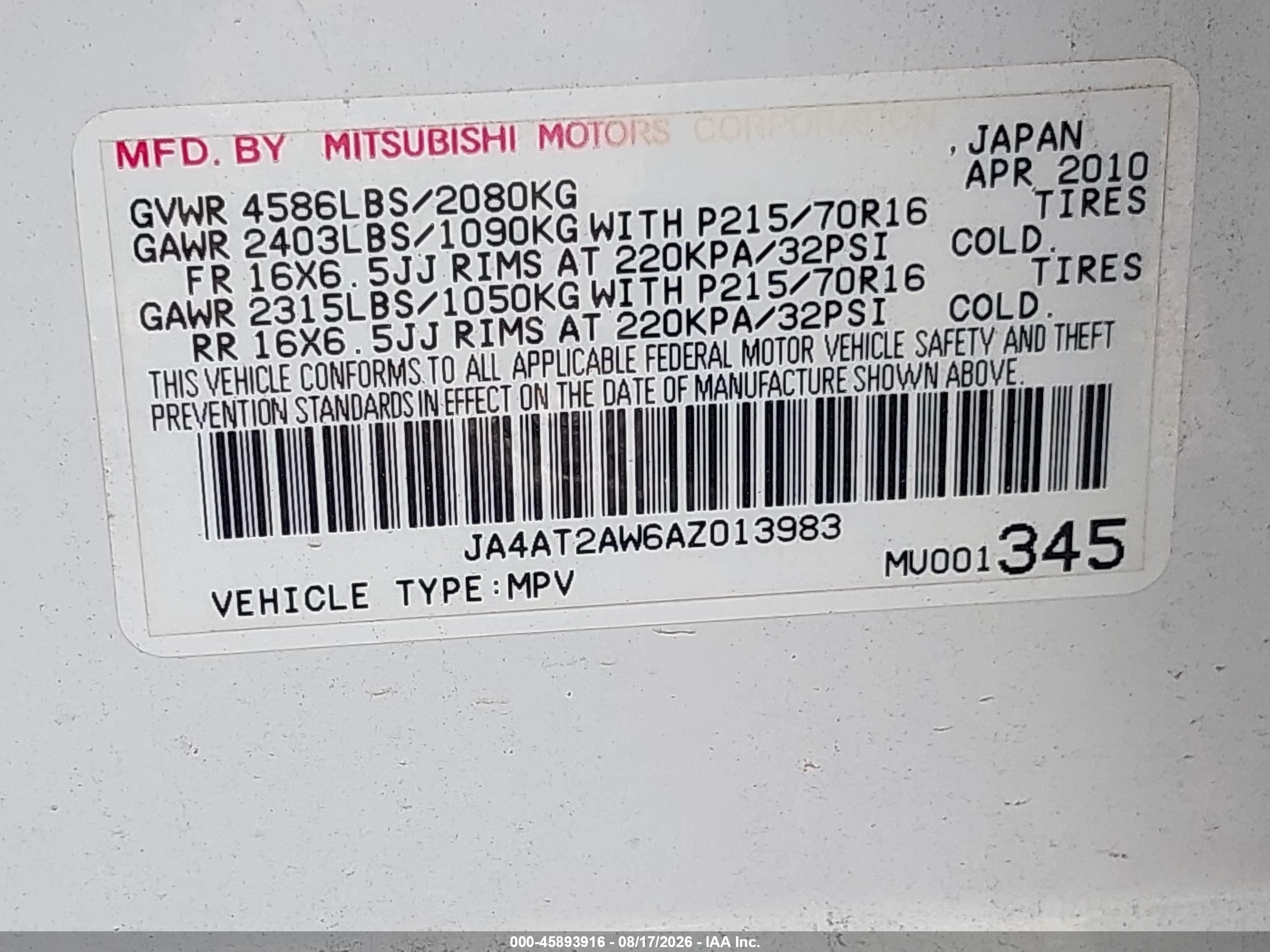 2010 Mitsubishi Outlander Es White vin: JA4AT2AW6AZ013983