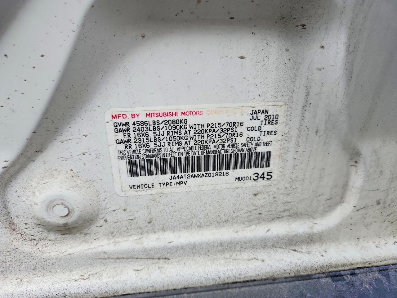 2010 Mitsubishi Outlander Es White vin: JA4AT2AWXAZ018216