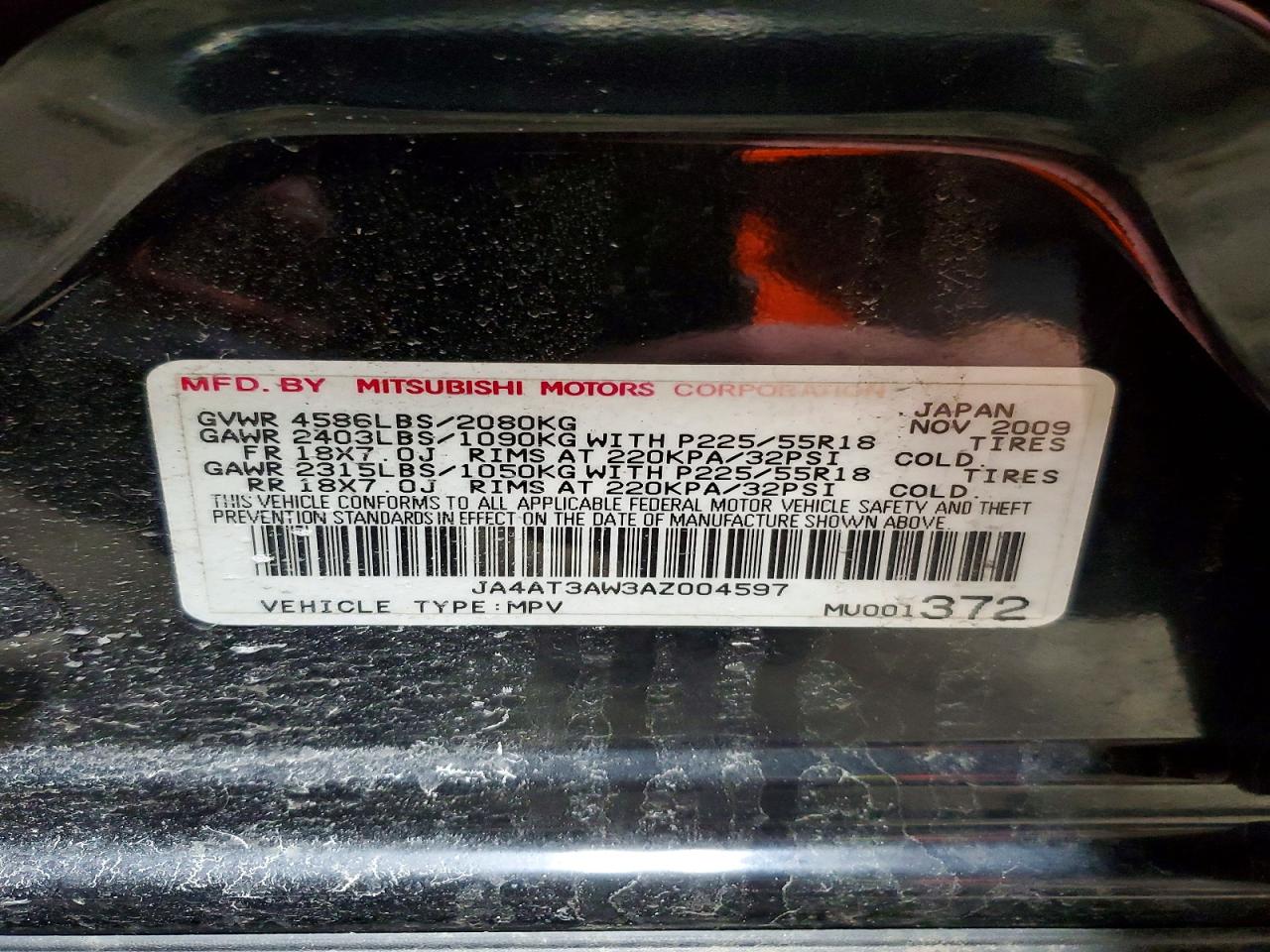 2010 Mitsubishi Outlander Se Black vin: JA4AT3AW3AZ004597