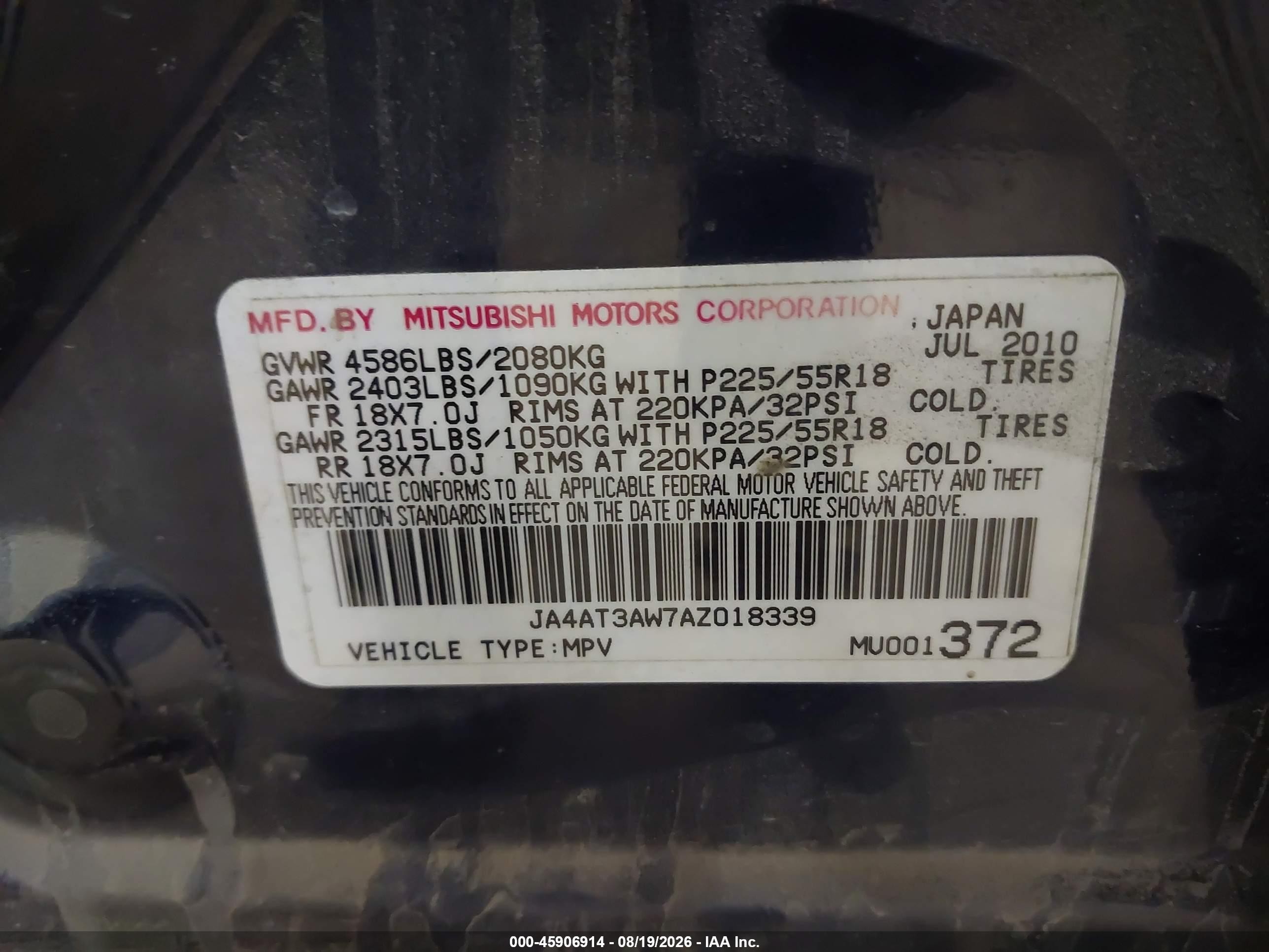 2010 Mitsubishi Outlander Se Blue vin: JA4AT3AW7AZ018339