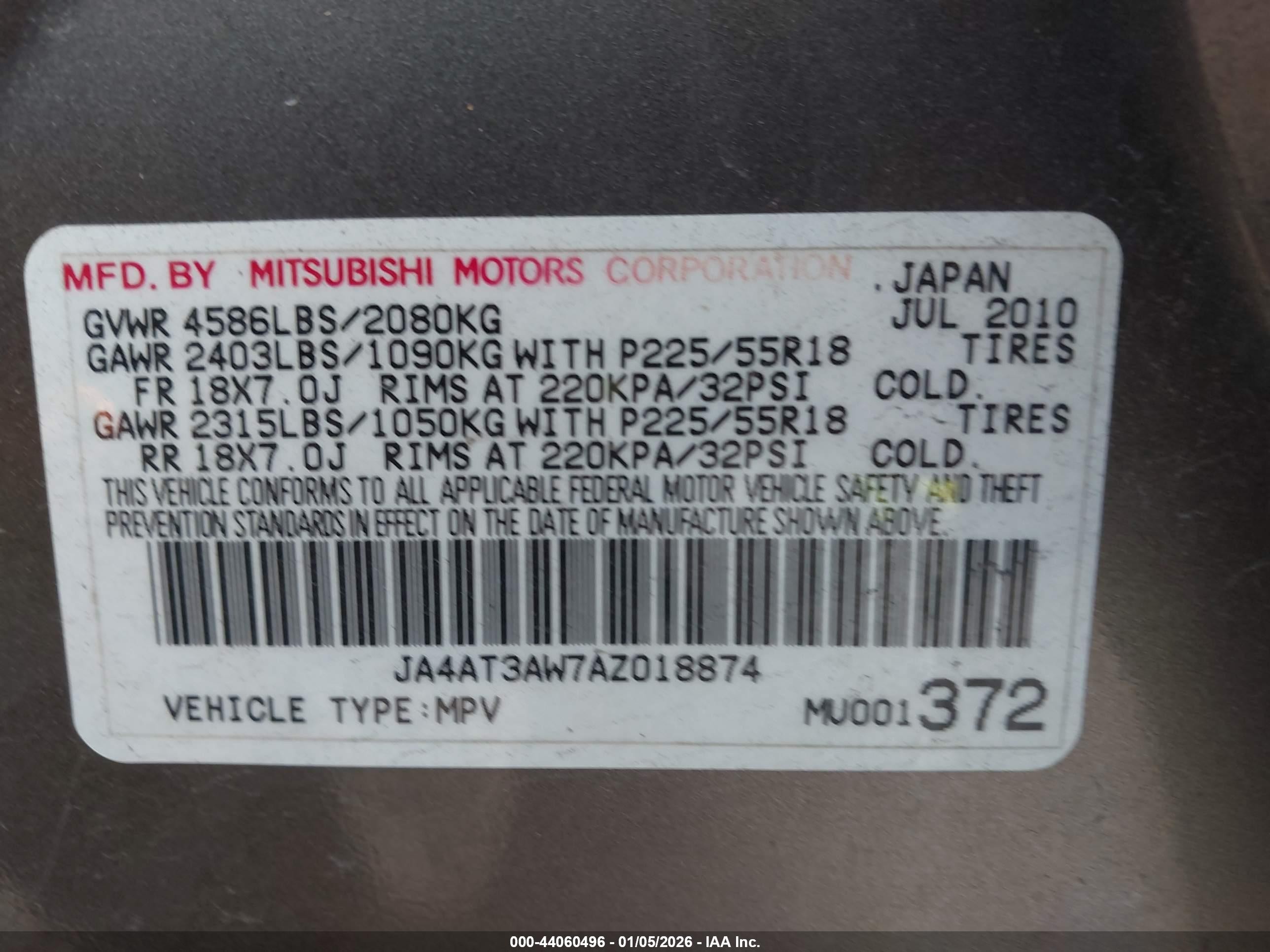 2010 Mitsubishi Outlander Se Gray vin: JA4AT3AW7AZ018874