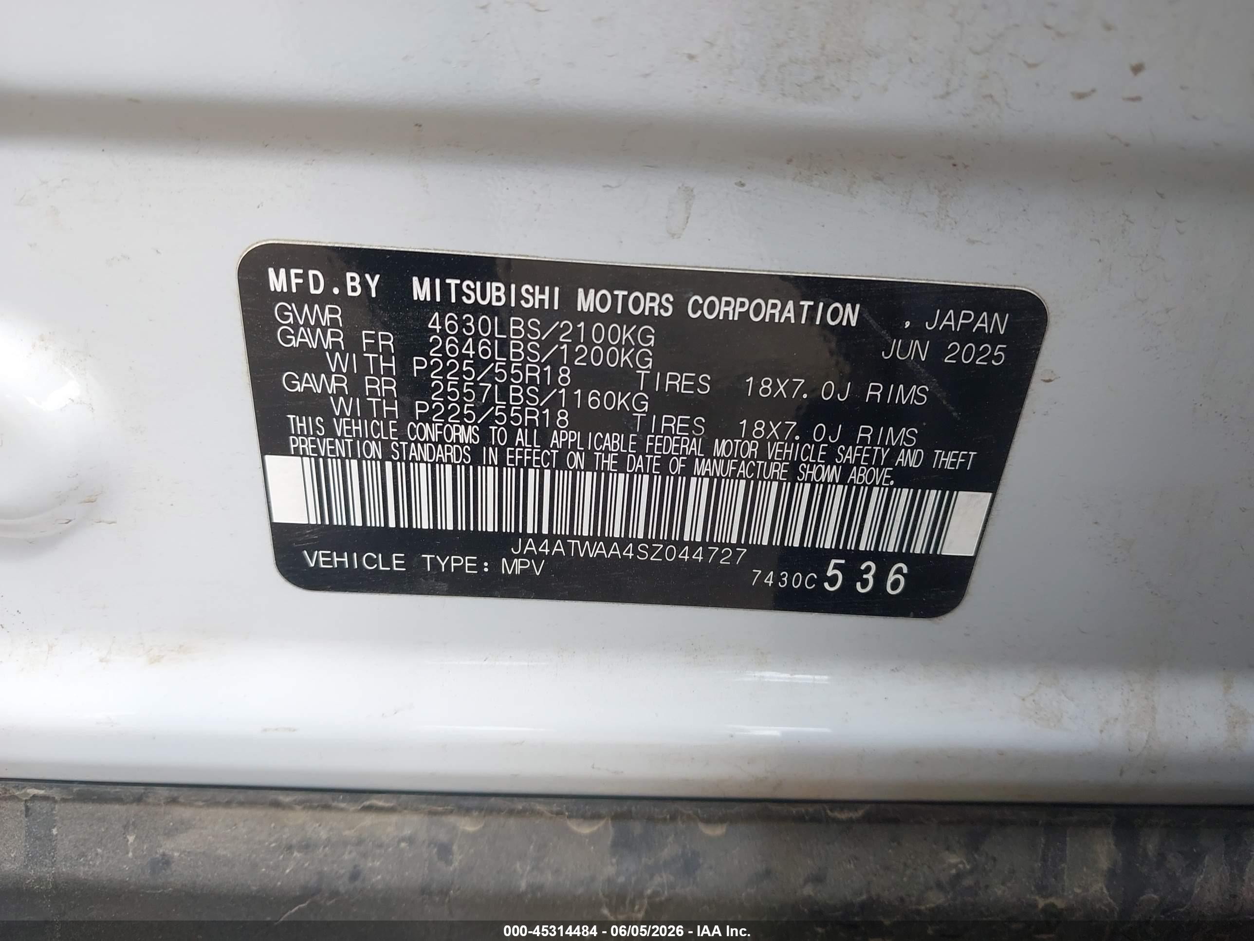 2025 Mitsubishi Eclipse Cross Black Edition S-awc/se S-awc/sel S-awc White vin: JA4ATWAA4SZ044727