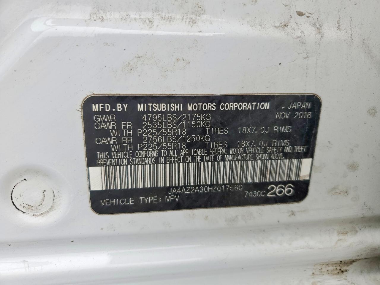 2017 Mitsubishi Outlander Es White vin: JA4AZ2A30HZ017560
