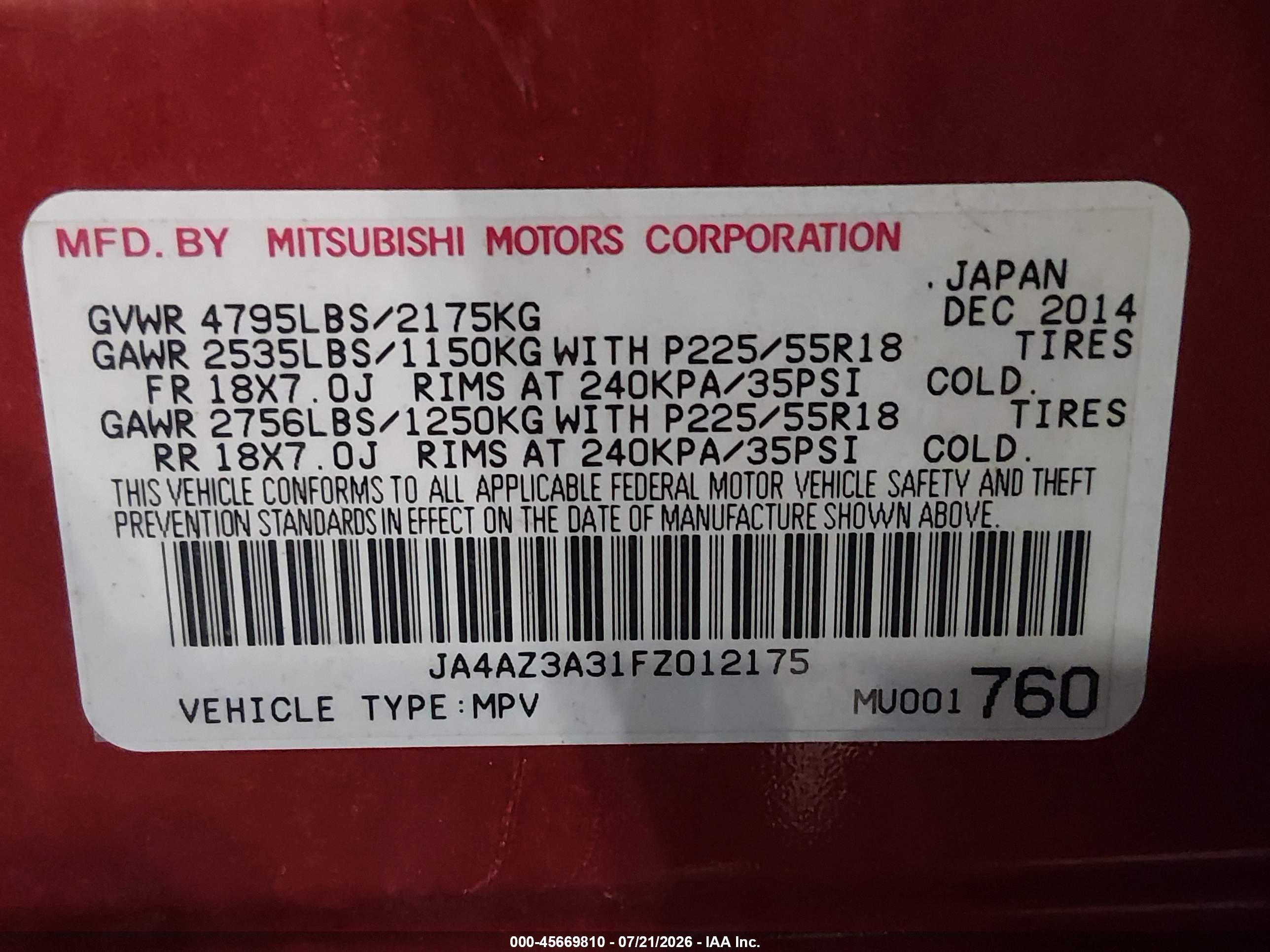 2015 Mitsubishi Outlander Se Red vin: JA4AZ3A31FZ012175