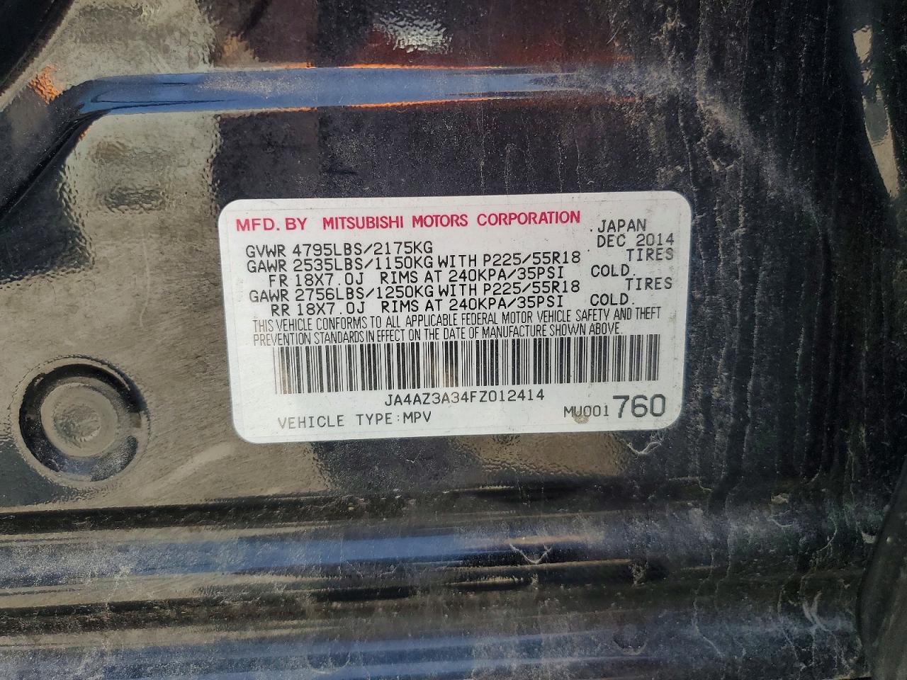 2015 Mitsubishi Outlander Se Черный vin: JA4AZ3A34FZ012414