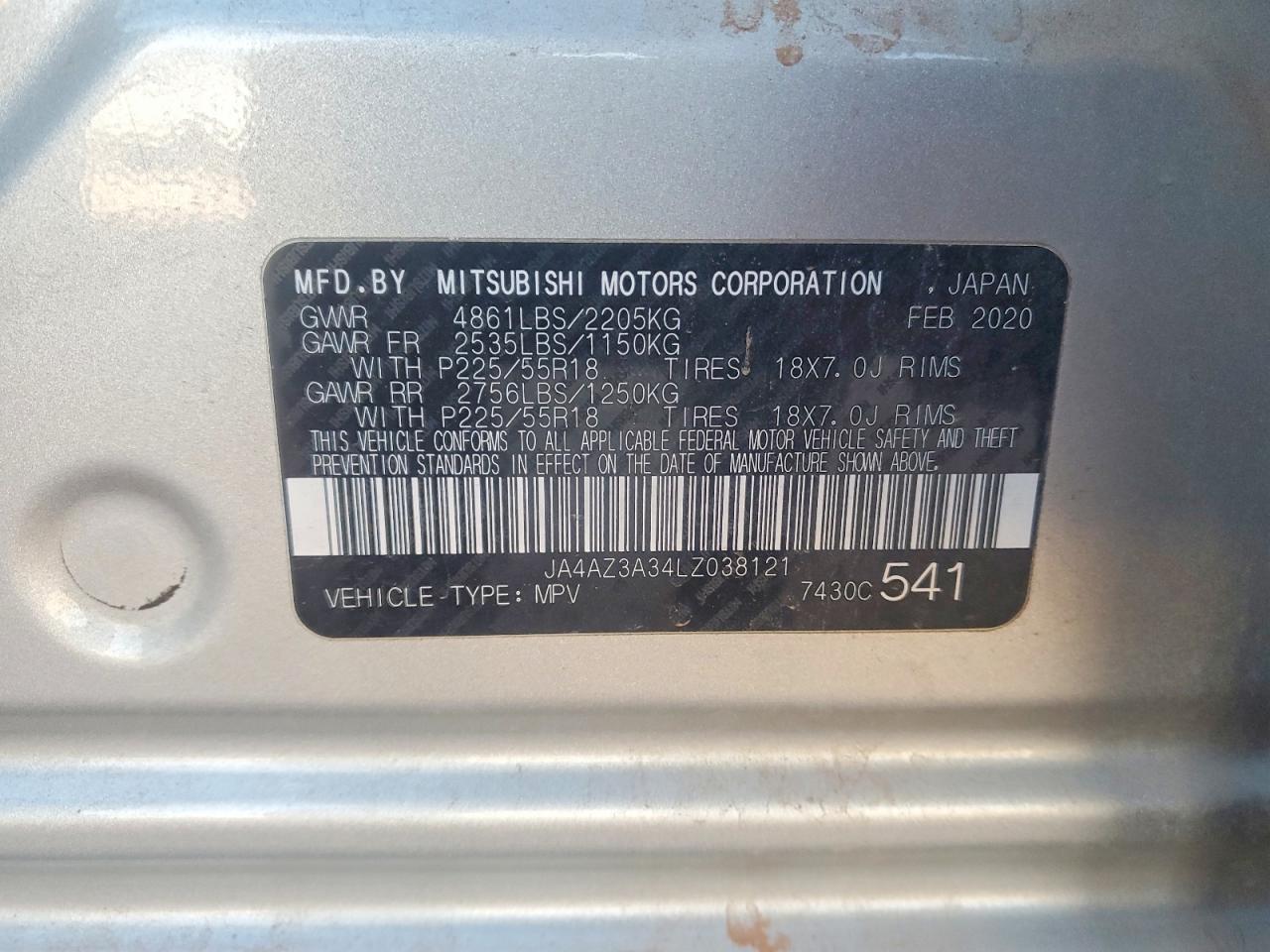 2020 Mitsubishi Outlander Silver vin: JA4AZ3A34LZ038121