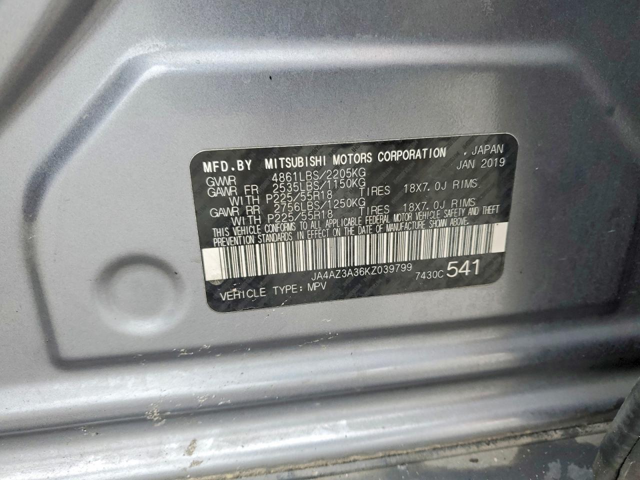 2019 Mitsubishi Outlander Se Gray vin: JA4AZ3A36KZ039799