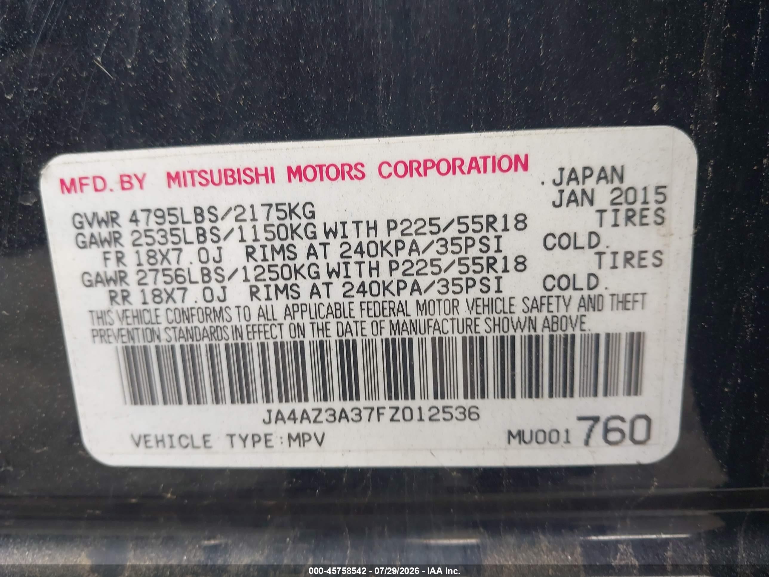 2015 Mitsubishi Outlander Se Black vin: JA4AZ3A37FZ012536
