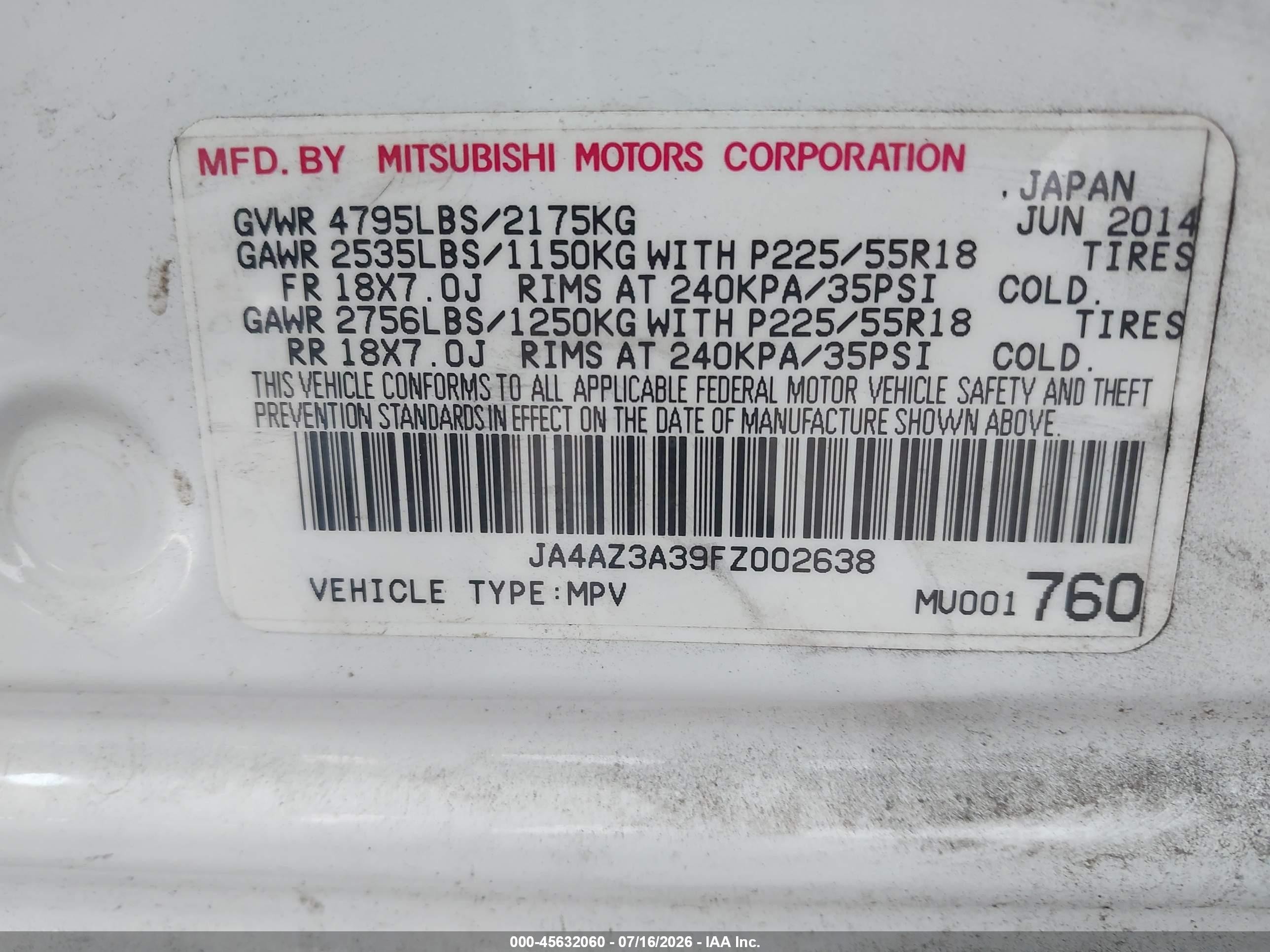 2015 Mitsubishi Outlander Se White vin: JA4AZ3A39FZ002638