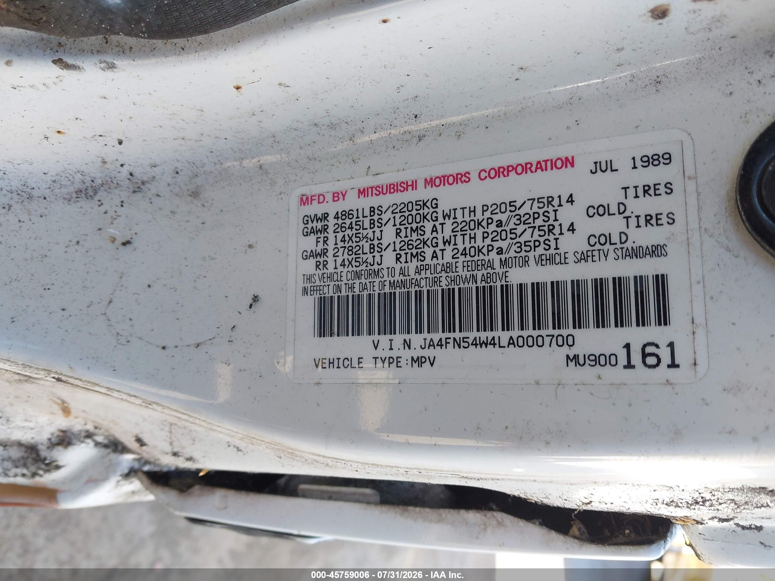 1990 Mitsubishi Wagon Ls White vin: JA4FN54W4LA000700