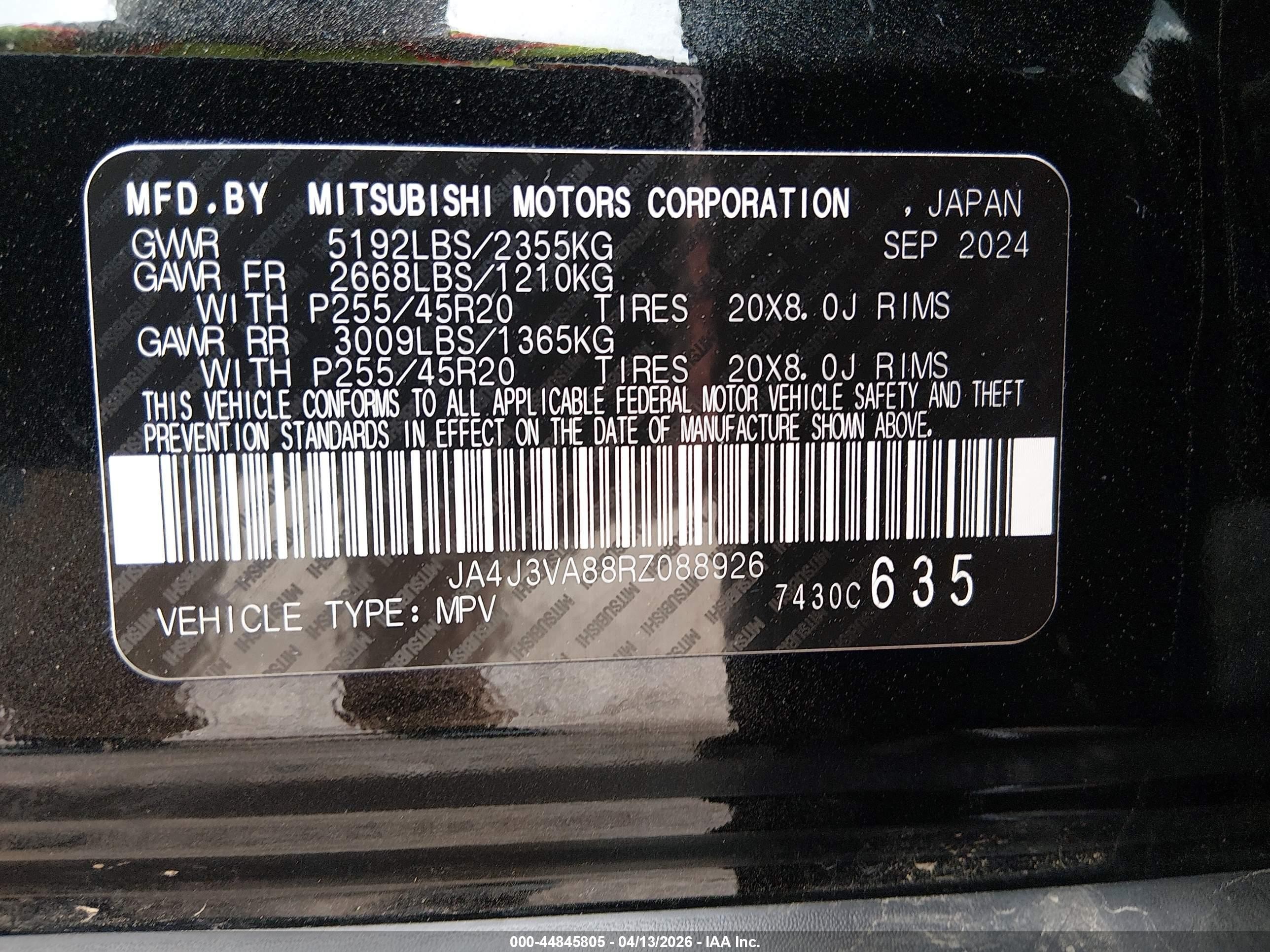 2024 Mitsubishi Outlander Se 2.5 2wd/se Black Edition S-awc/se Black Edition W/pano Roof S-awc Черный vin: JA4J3VA88RZ088926