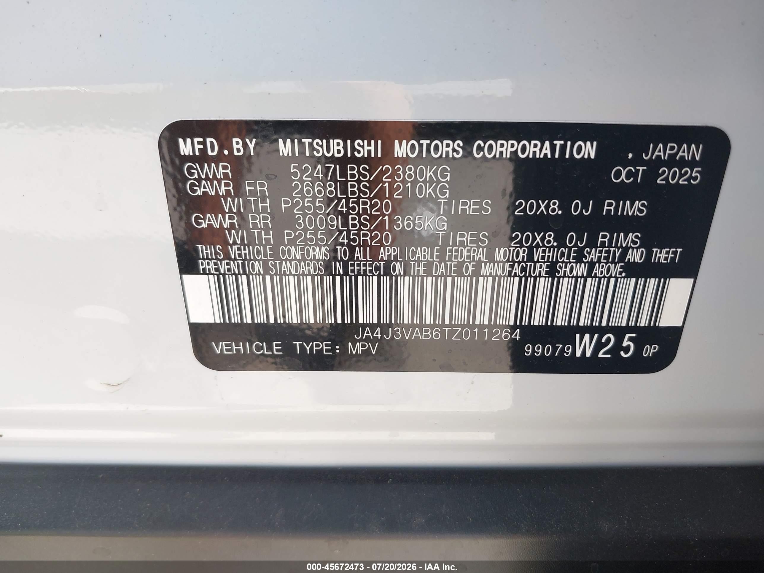 2026 Mitsubishi Outlander Le 2.5 2wd/se 2.5 2wd White vin: JA4J3VAB6TZ011264