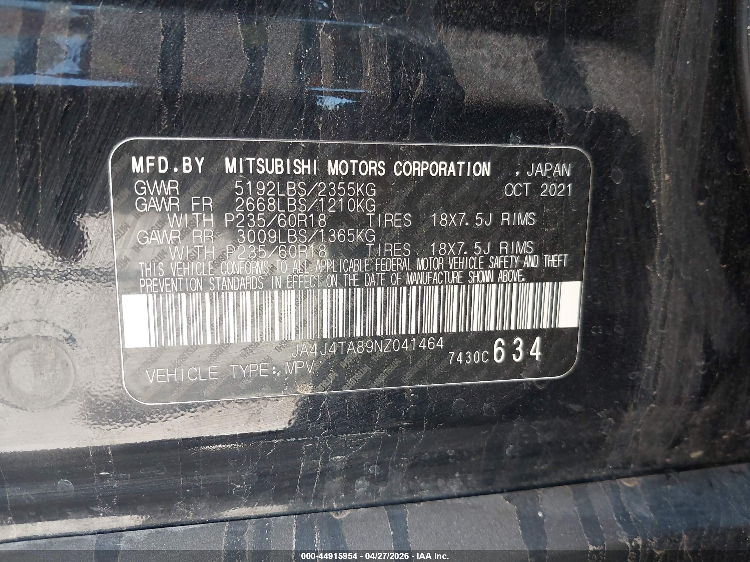 2022 Mitsubishi Outlander Es 2.5 S-awc Black vin: JA4J4TA89NZ041464