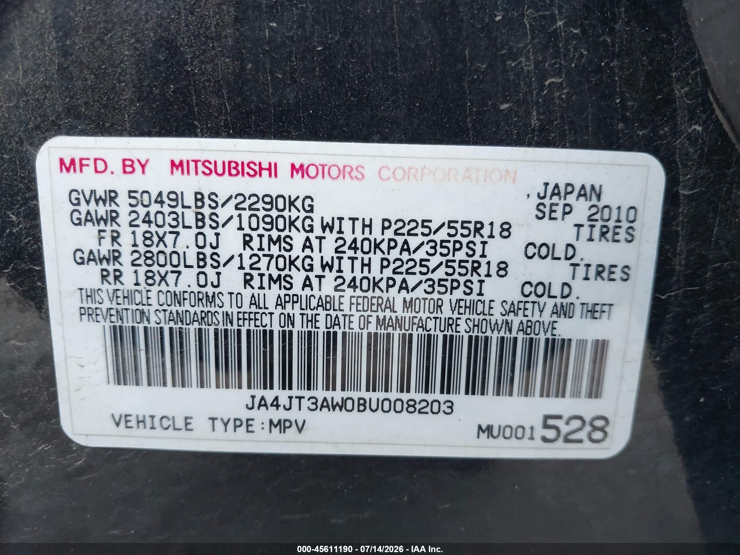 2011 Mitsubishi Outlander Se Black vin: JA4JT3AW0BU008203