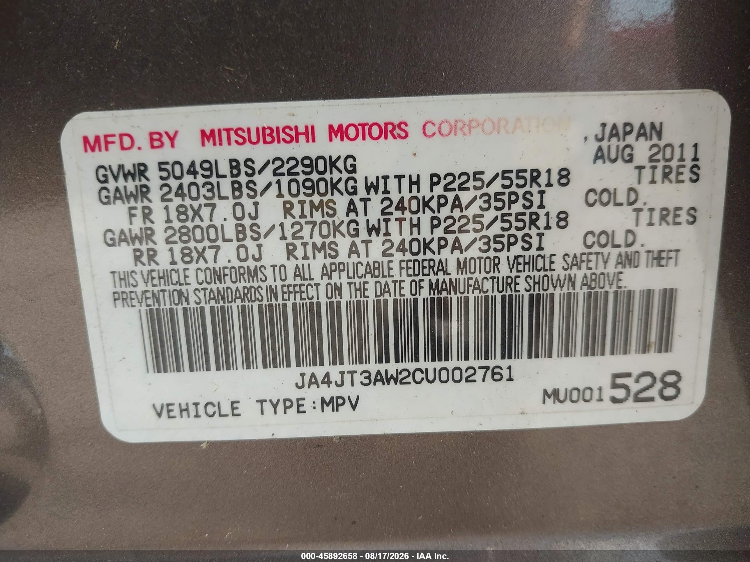 2012 Mitsubishi Outlander Se Gray vin: JA4JT3AW2CU002761