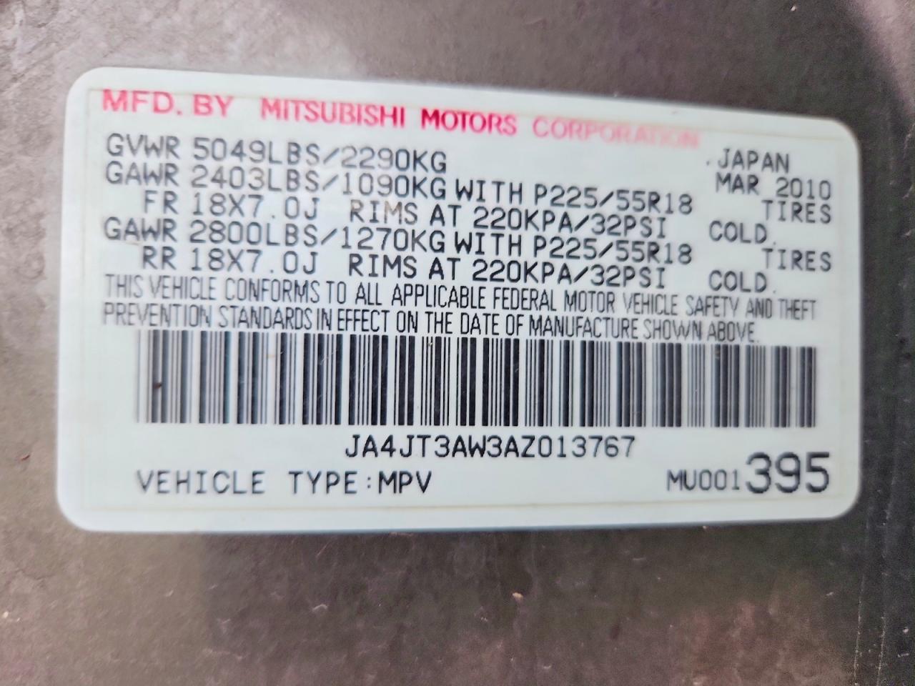 2010 Mitsubishi Outlander Se Charcoal vin: JA4JT3AW3AZ013767