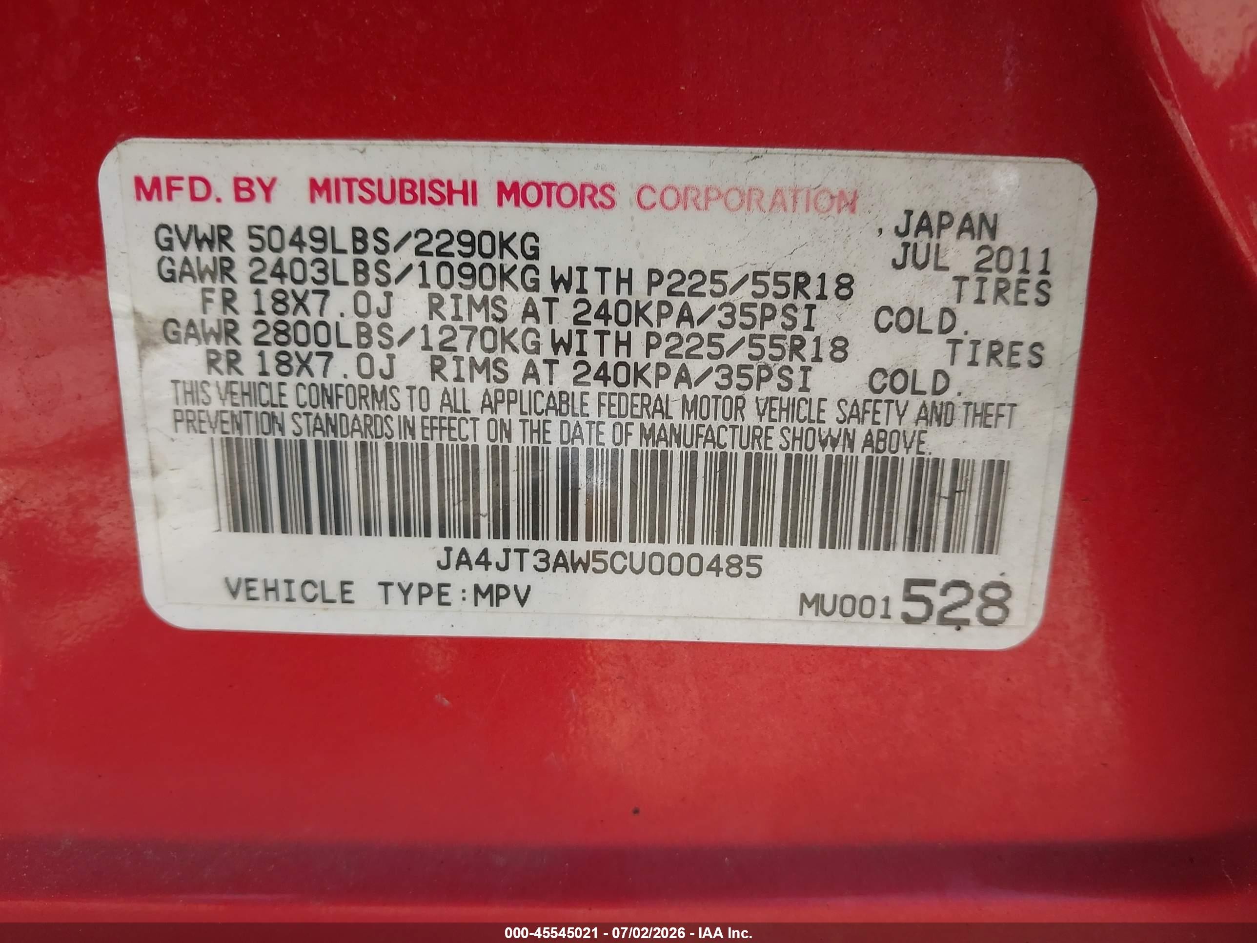 2012 Mitsubishi Outlander Se Red vin: JA4JT3AW5CU000485
