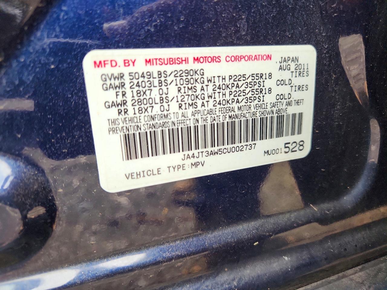 2012 Mitsubishi Outlander Se Blue vin: JA4JT3AW5CU002737