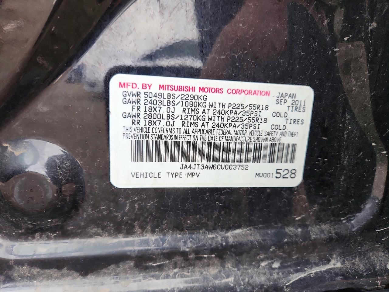 2012 Mitsubishi Outlander Se Black vin: JA4JT3AW6CU003752