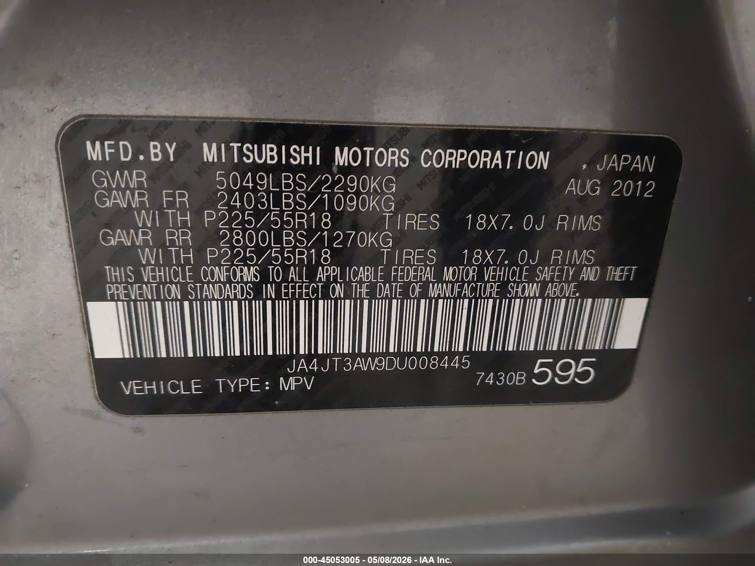 2013 Mitsubishi Outlander Se Gray vin: JA4JT3AW9DU008445