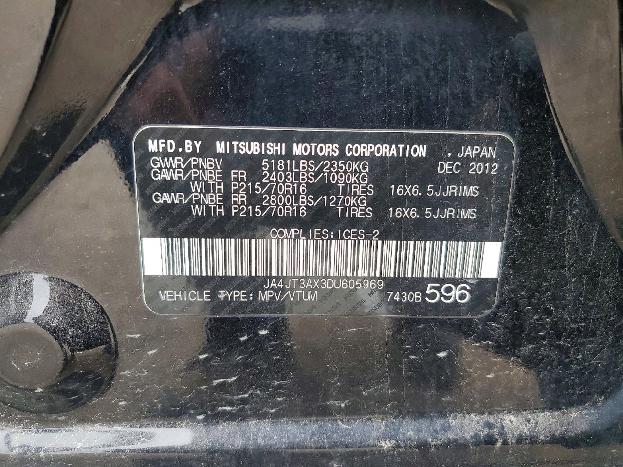 2013 Mitsubishi Outlander Se Black vin: JA4JT3AX3DU605969