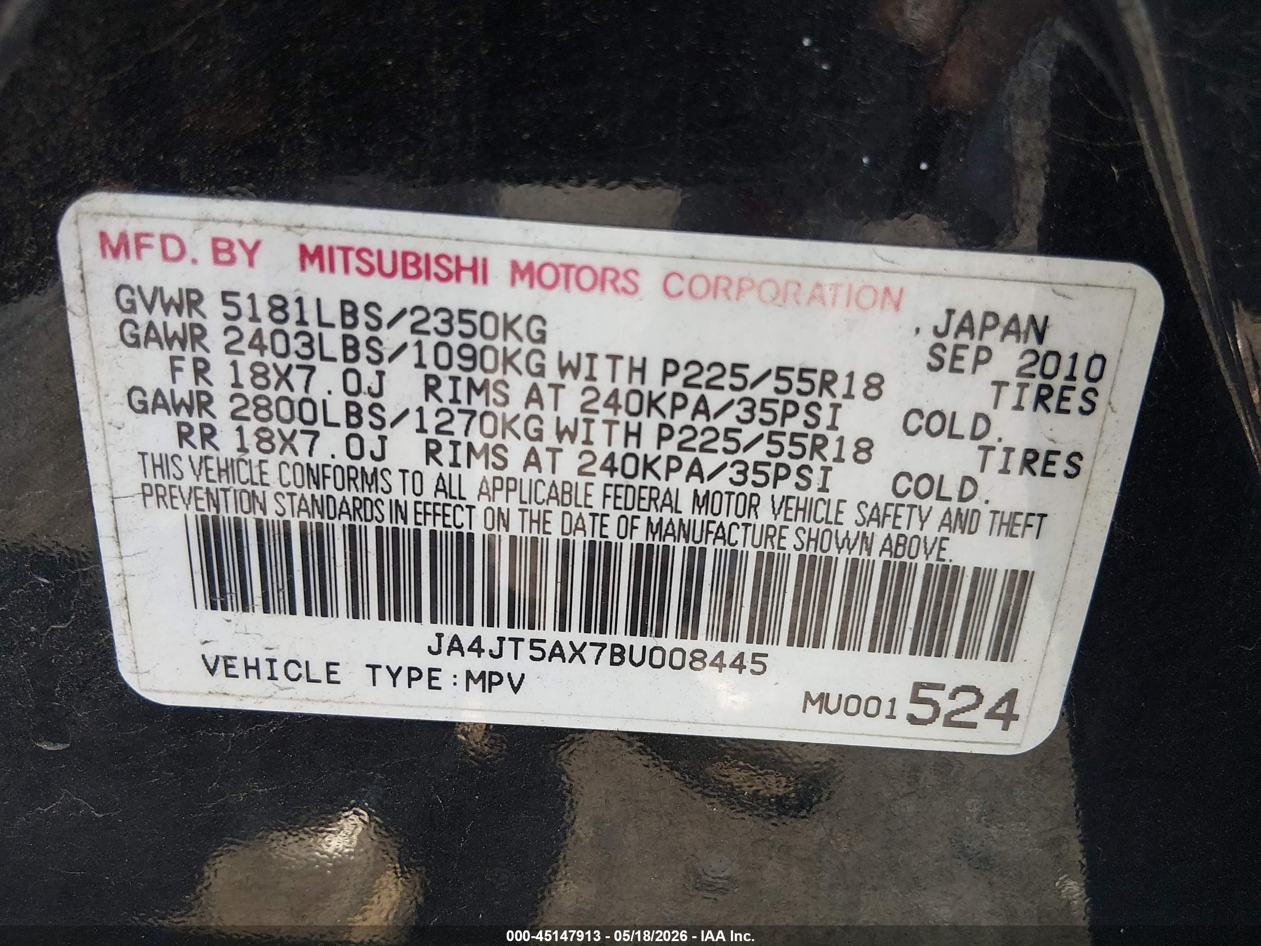 2011 Mitsubishi Outlander Gt Black vin: JA4JT5AX7BU008445