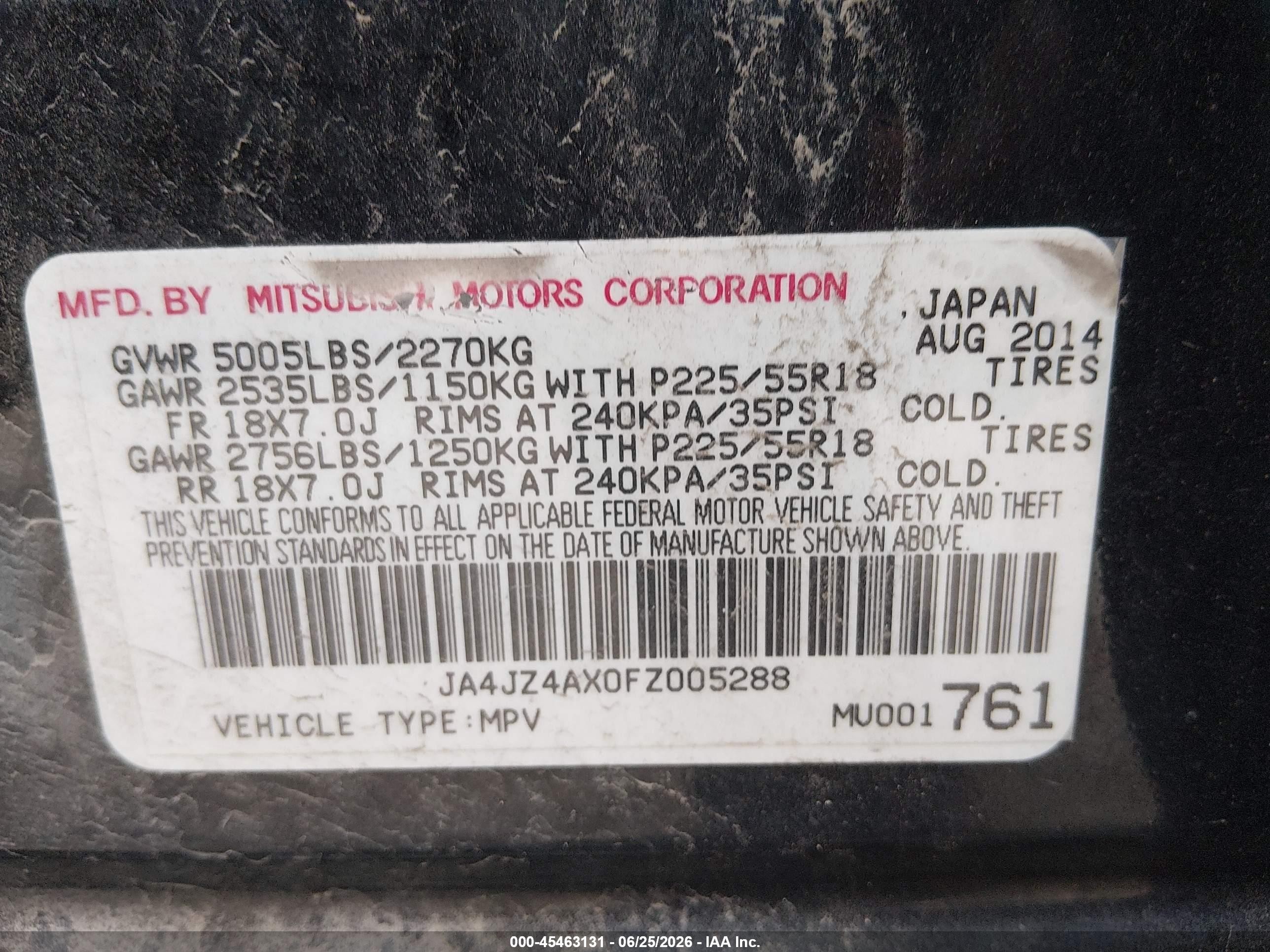 2015 Mitsubishi Outlander Gt Black vin: JA4JZ4AX0FZ005288