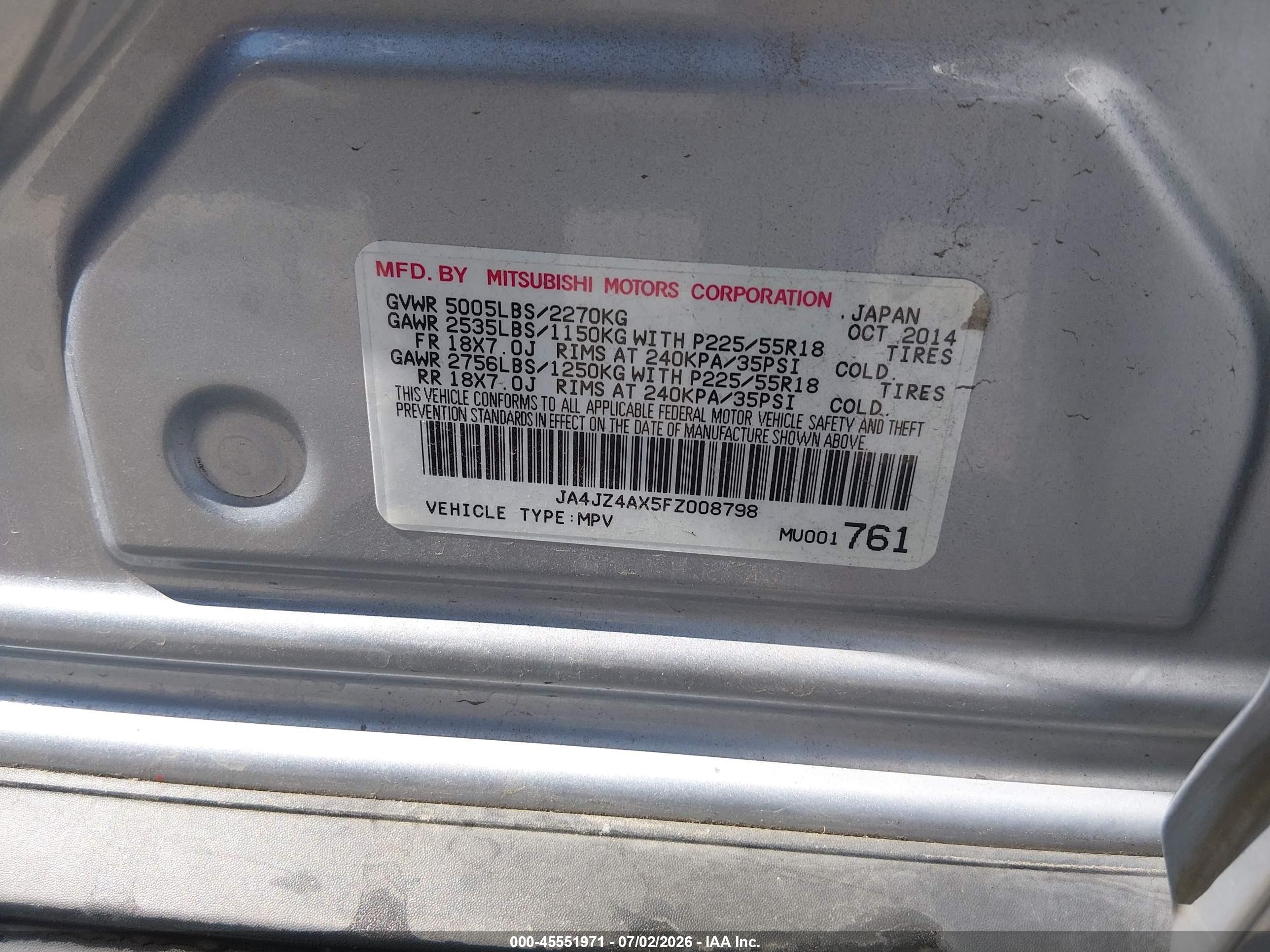 2015 Mitsubishi Outlander Gt Серебряный vin: JA4JZ4AX5FZ008798