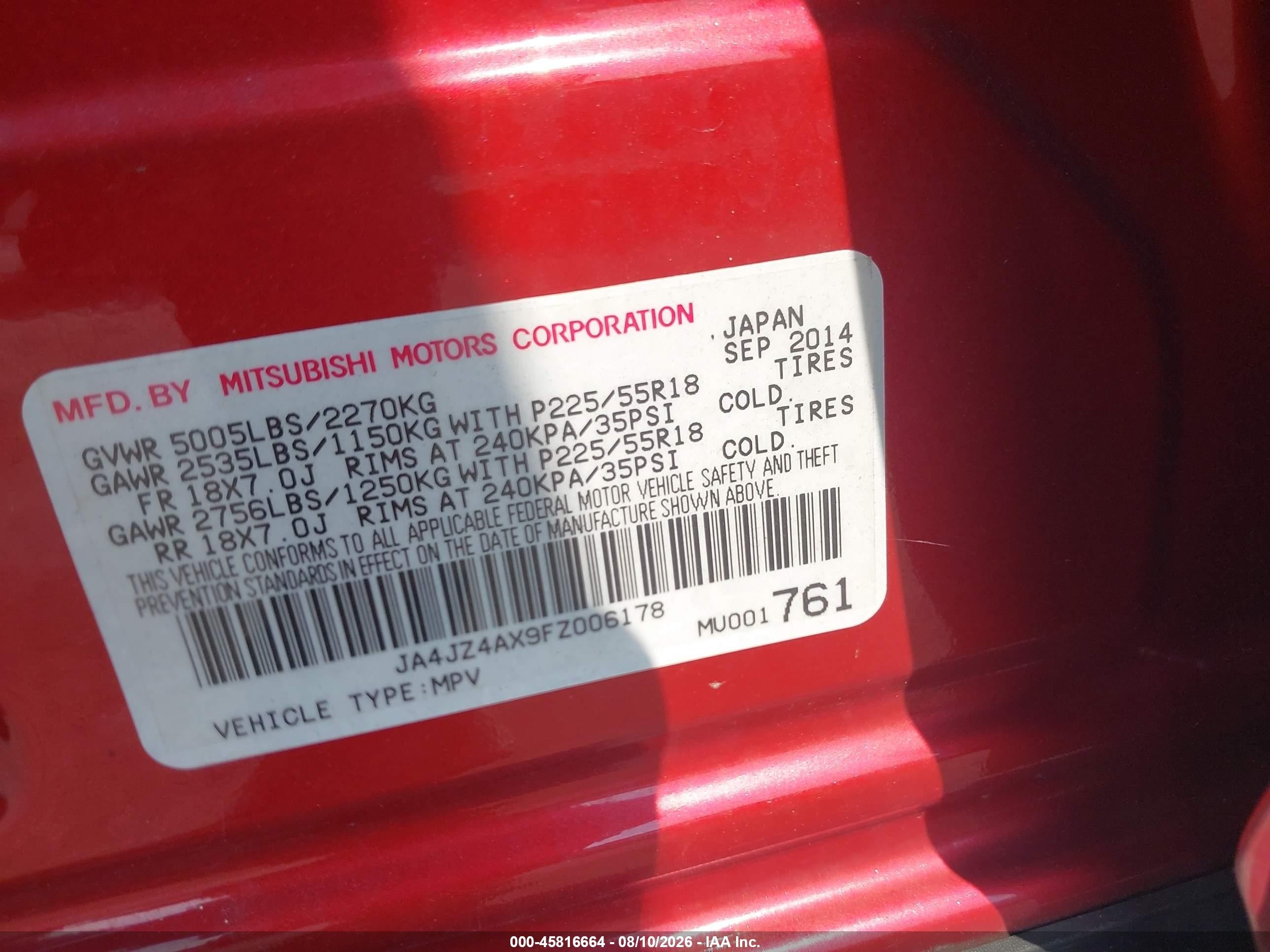 2015 Mitsubishi Outlander Gt Red vin: JA4JZ4AX9FZ006178