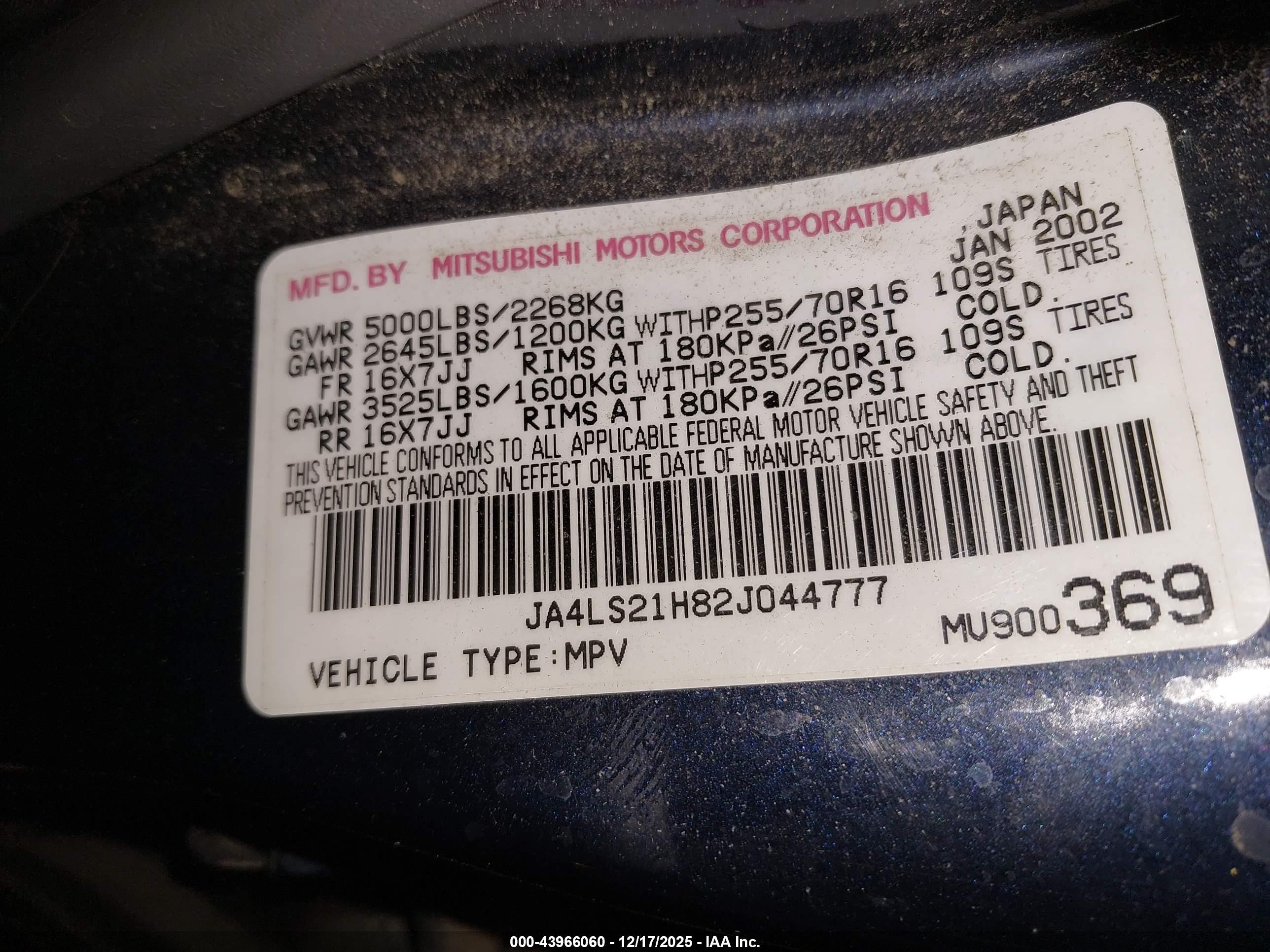 2002 Mitsubishi Montero Sport Es/ls Blue vin: JA4LS21H82J044777