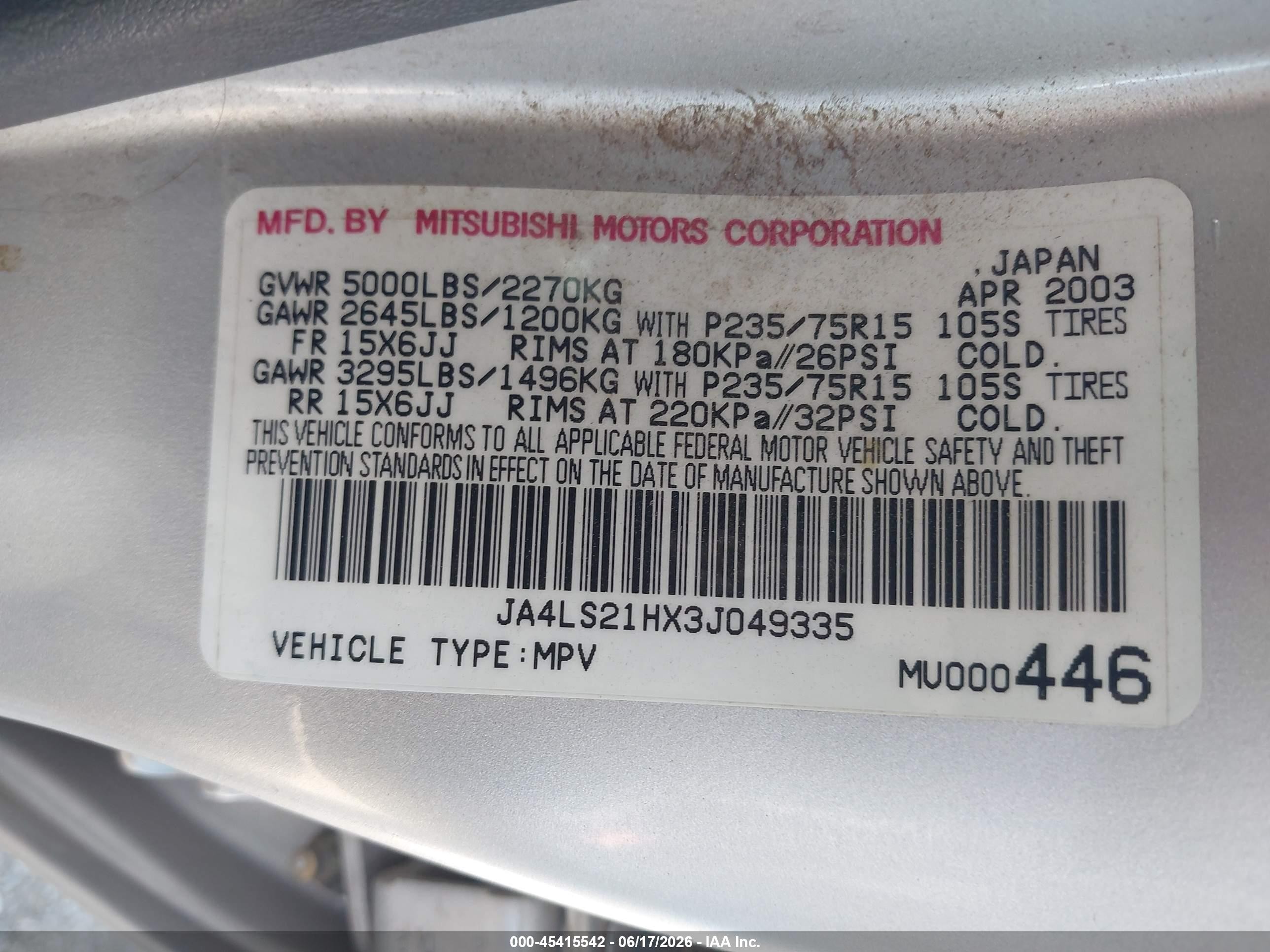 2003 Mitsubishi Montero Sport Es/ls Silver vin: JA4LS21HX3J049335