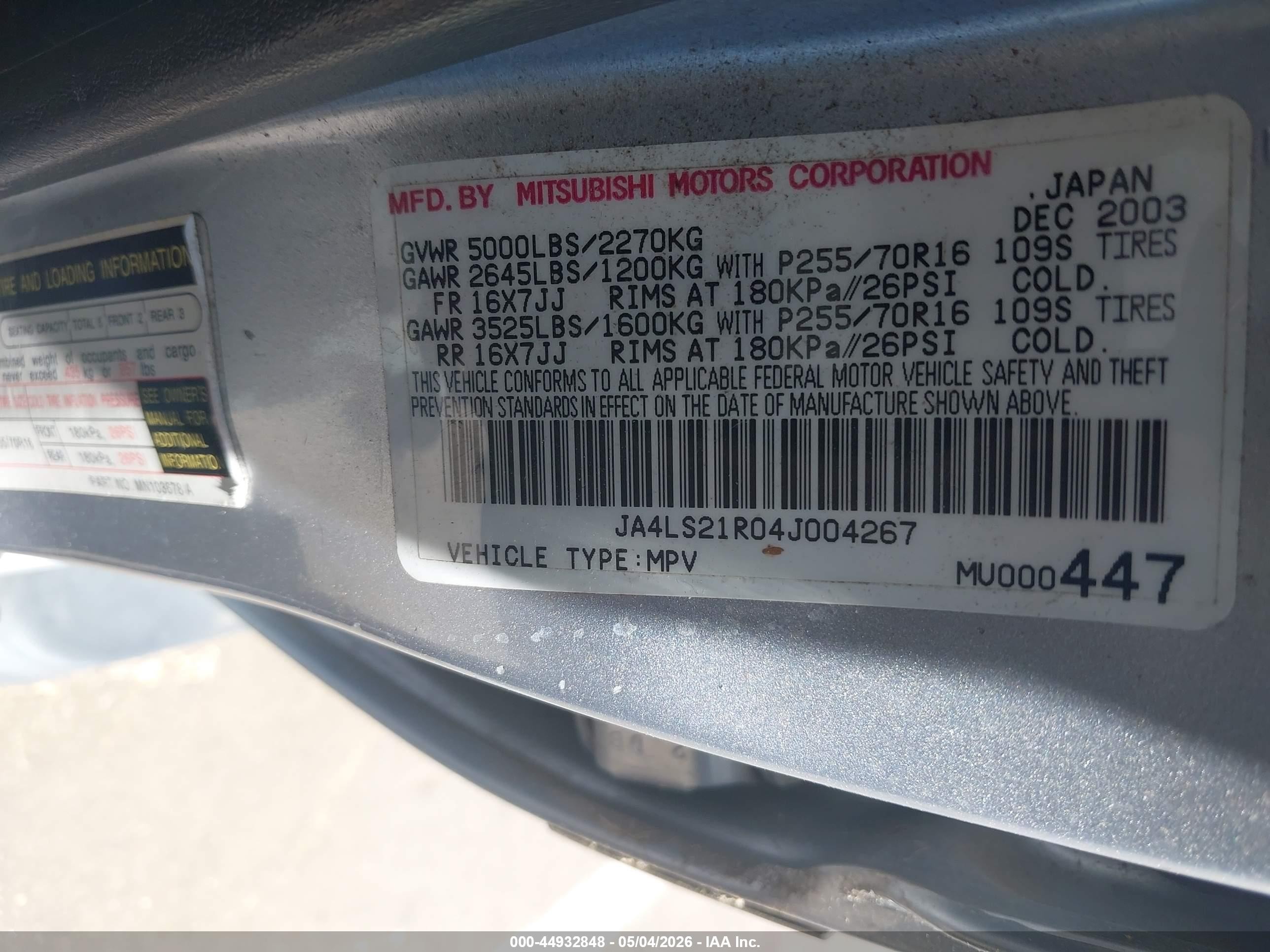 2004 Mitsubishi Montero Sport Ls Gray vin: JA4LS21R04J004267
