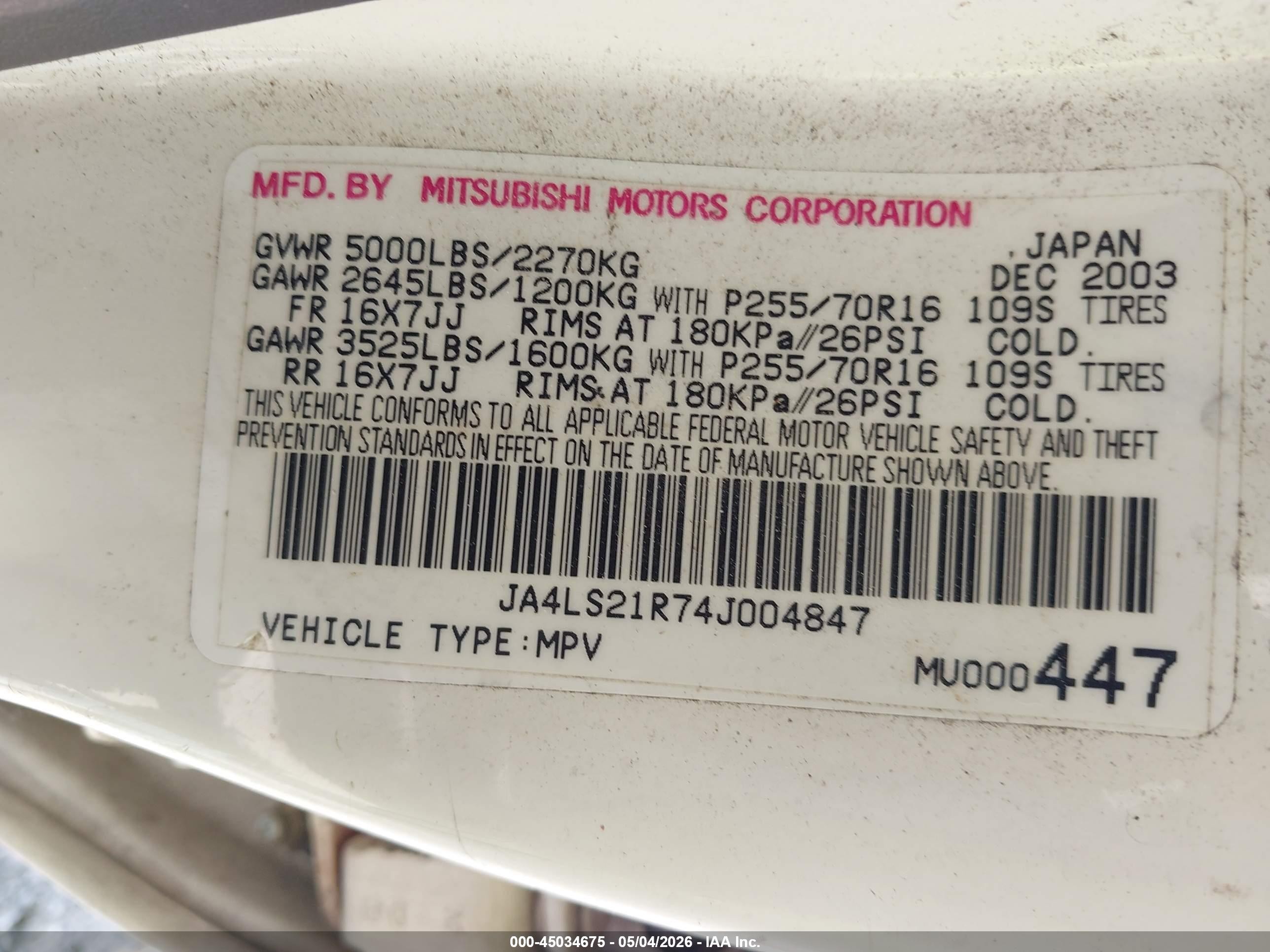 2004 Mitsubishi Montero Sport Ls White vin: JA4LS21R74J004847