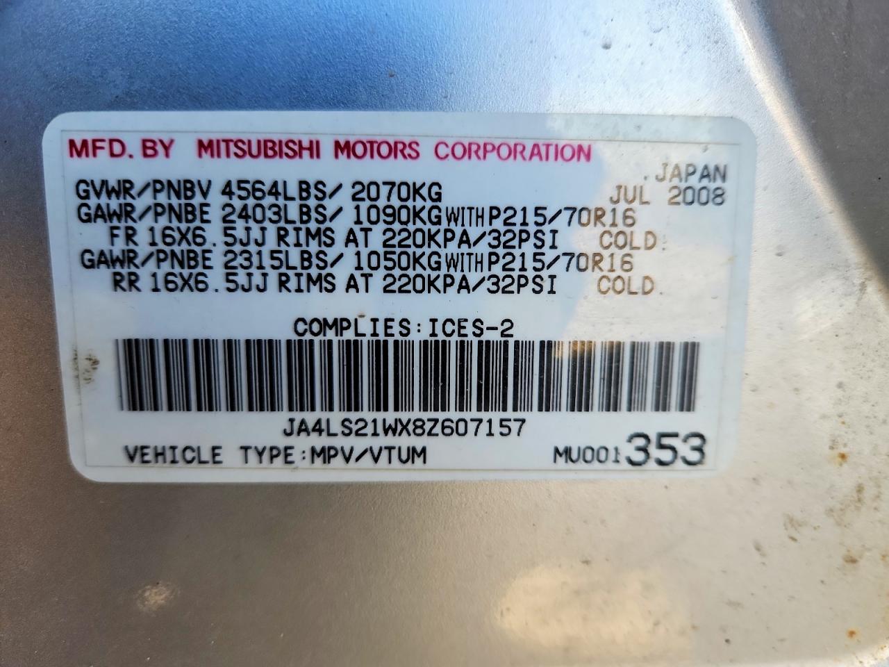 2008 Mitsubishi Outlander Es Silver vin: JA4LS21WX8Z607157