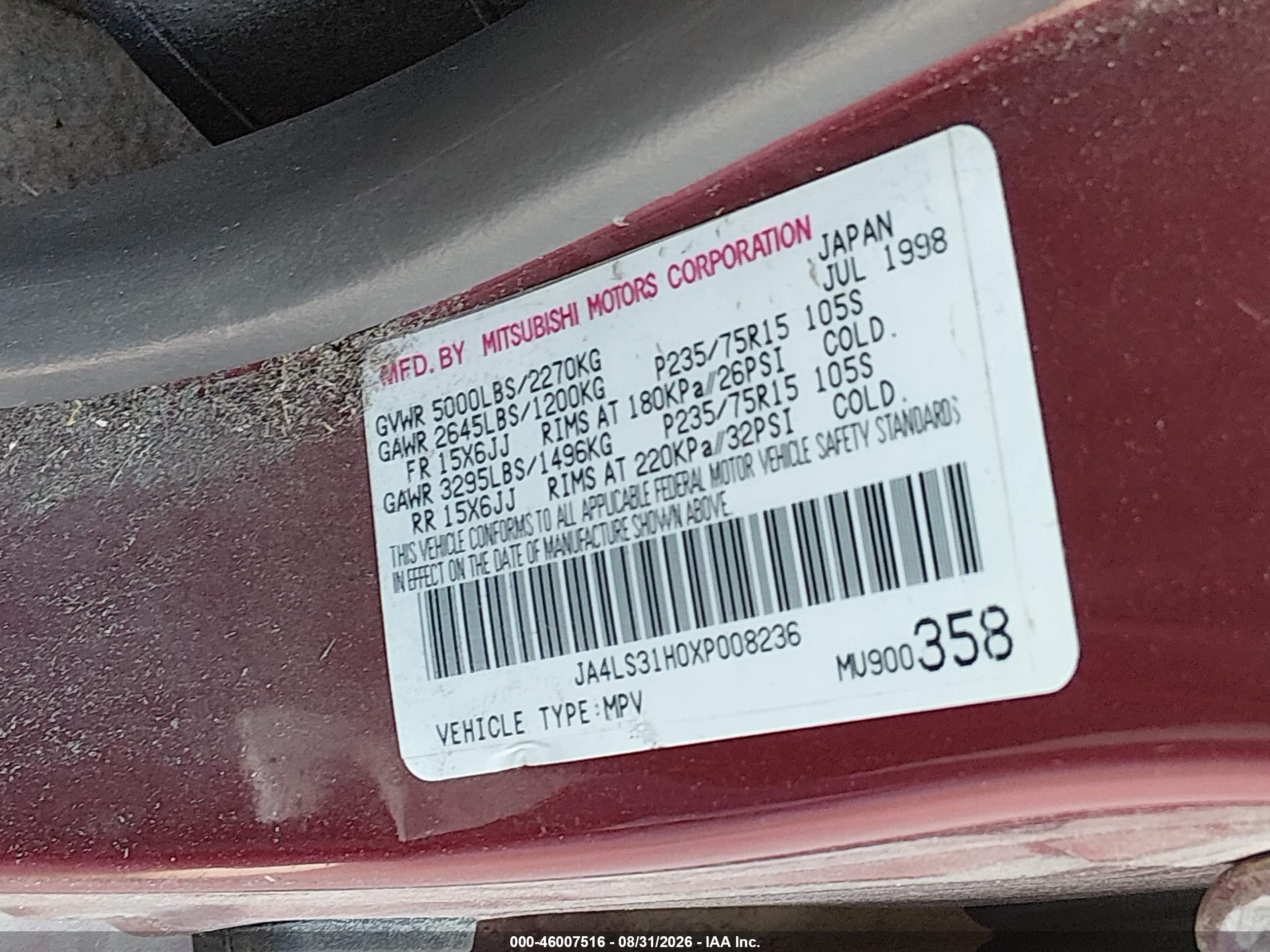 1999 Mitsubishi Montero Sport Ls/xls Maroon vin: JA4LS31H0XP008236