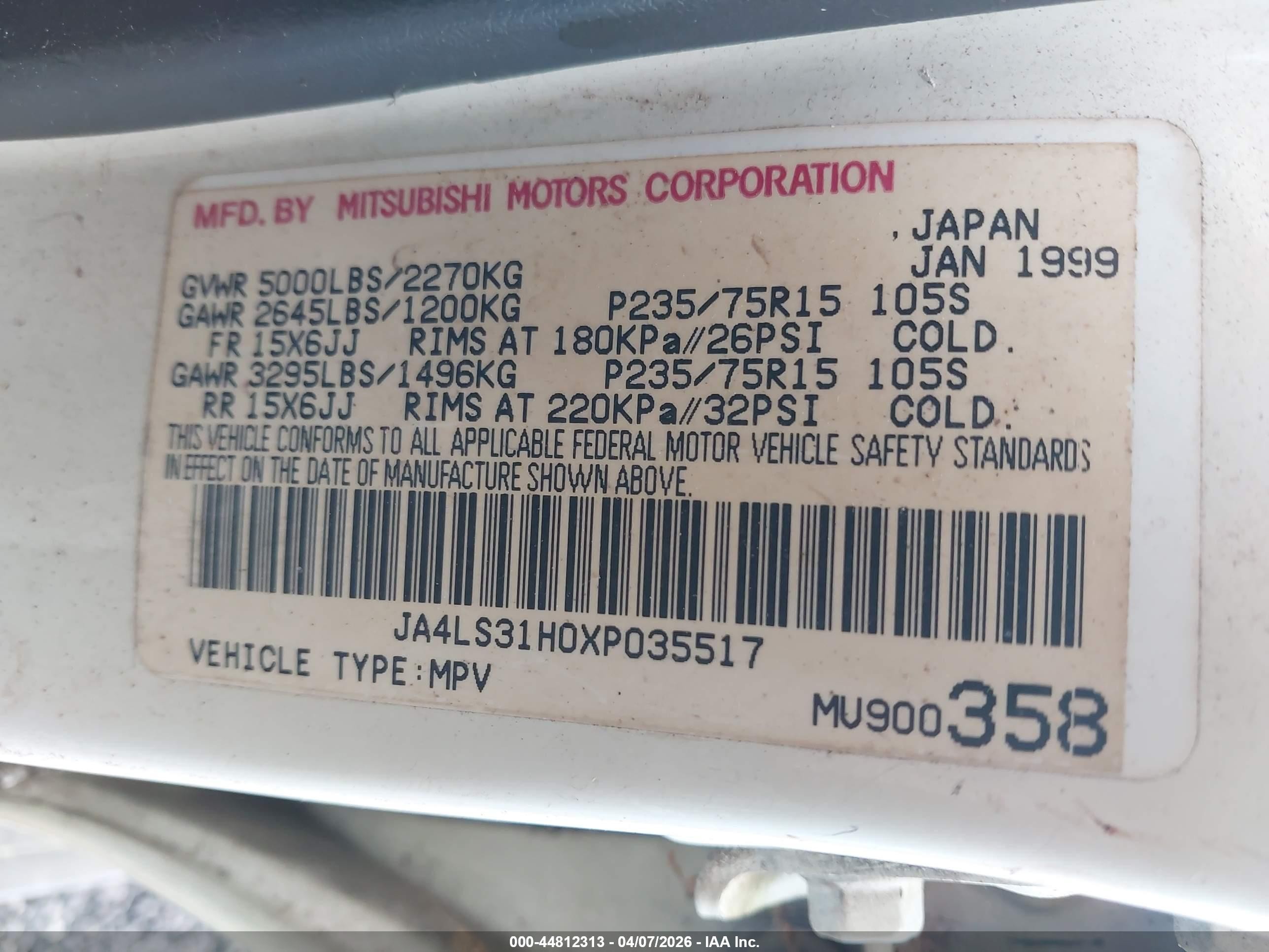 1999 Mitsubishi Montero Sport Ls/xls White vin: JA4LS31H0XP035517