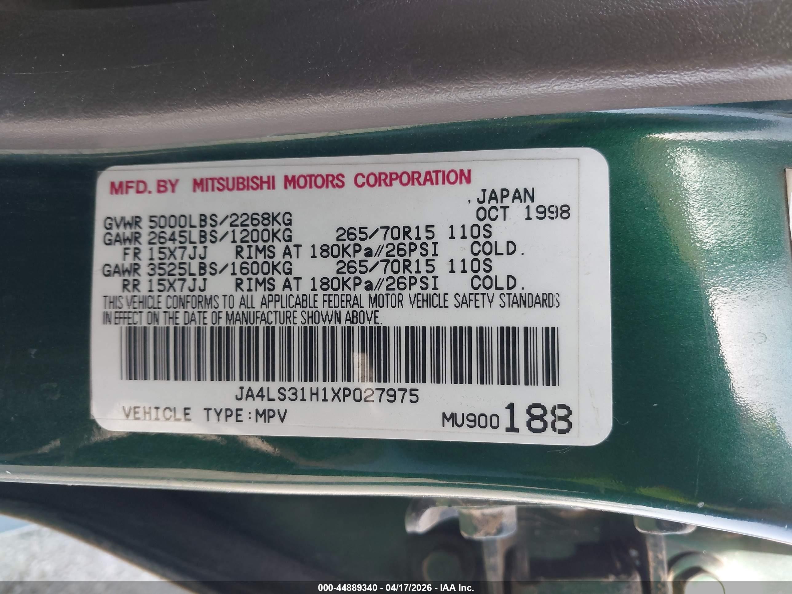 1999 Mitsubishi Montero Sport Ls/xls Зеленый vin: JA4LS31H1XP027975