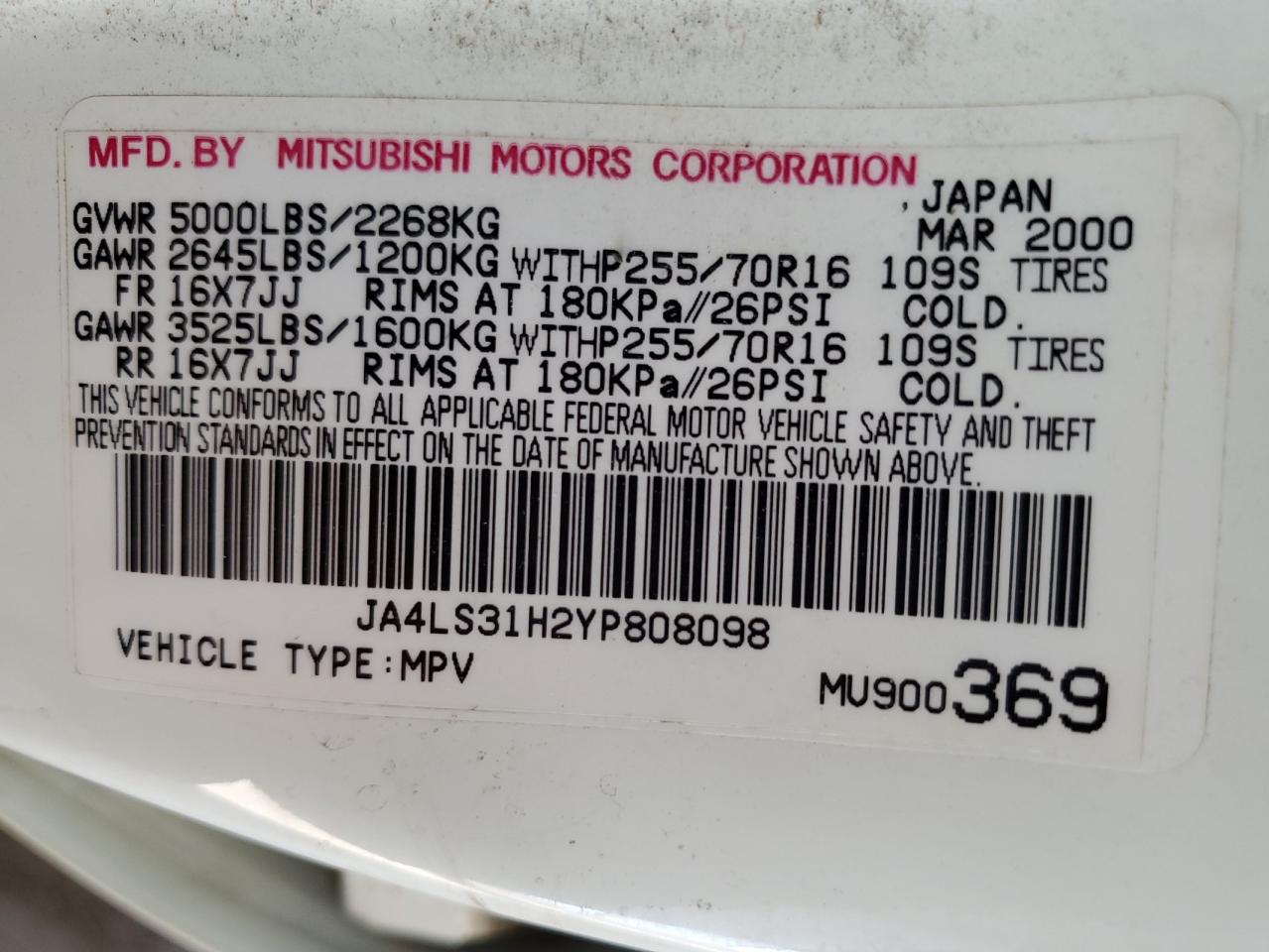 2000 Mitsubishi Montero Sport Ls White vin: JA4LS31H2YP808098