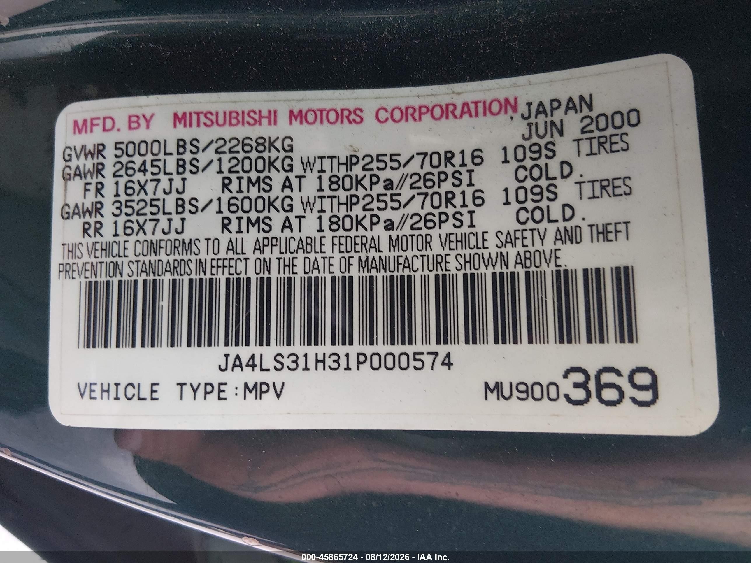 2001 Mitsubishi Montero Sport Xls Green vin: JA4LS31H31P000574