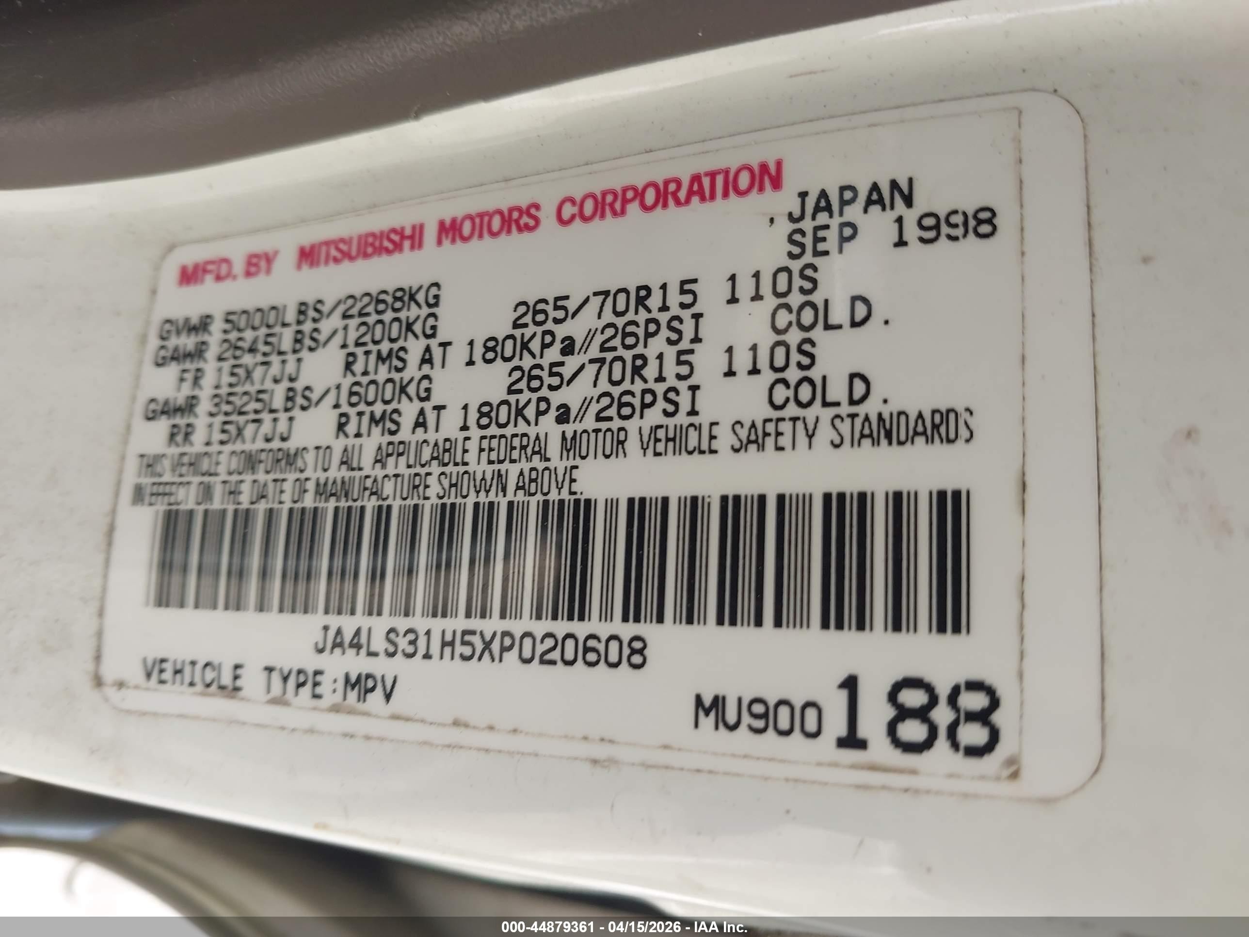 1999 Mitsubishi Montero Sport Ls/xls White vin: JA4LS31H5XP020608