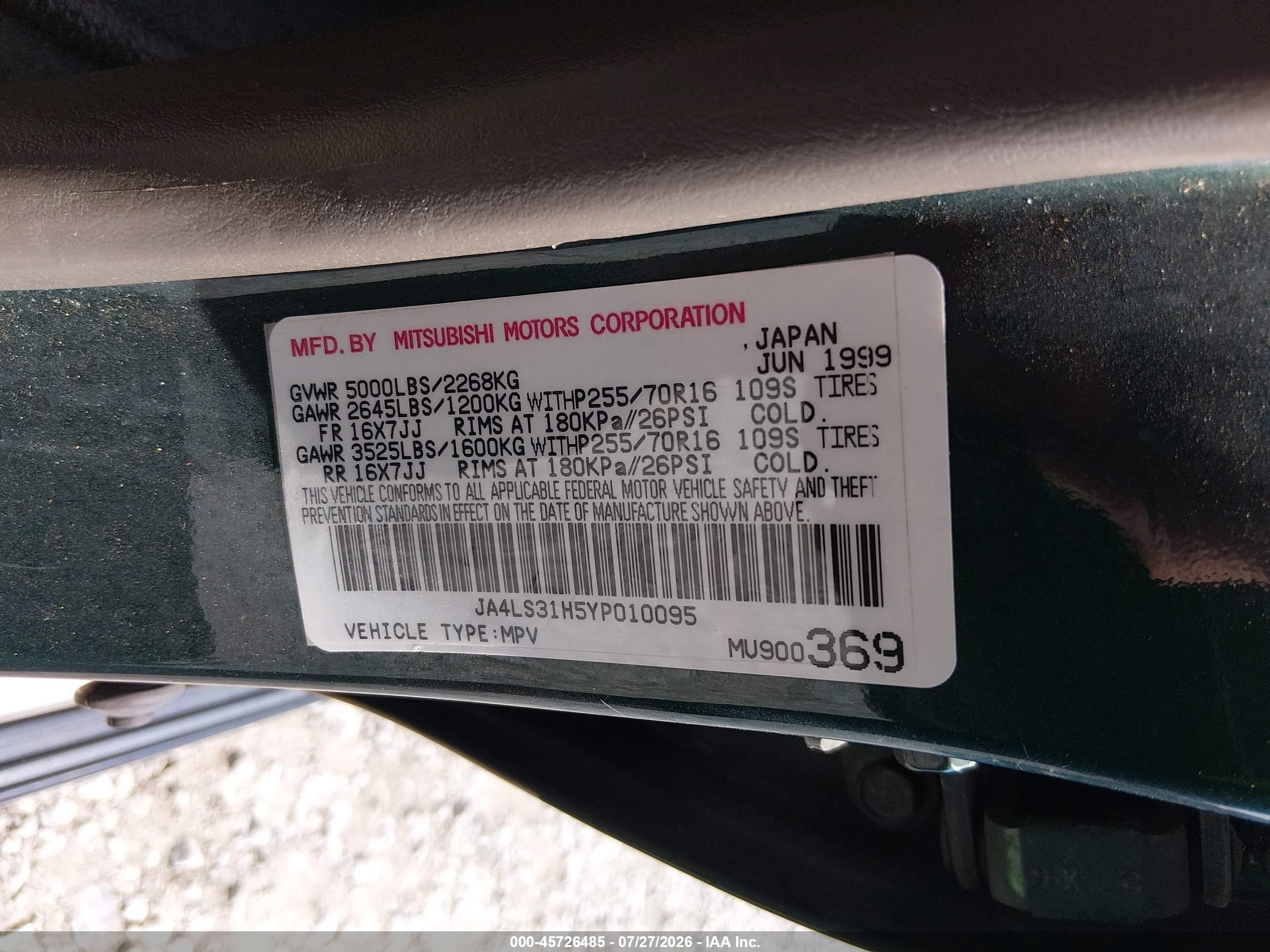 2000 Mitsubishi Montero Sport Ls/xls Green vin: JA4LS31H5YP010095