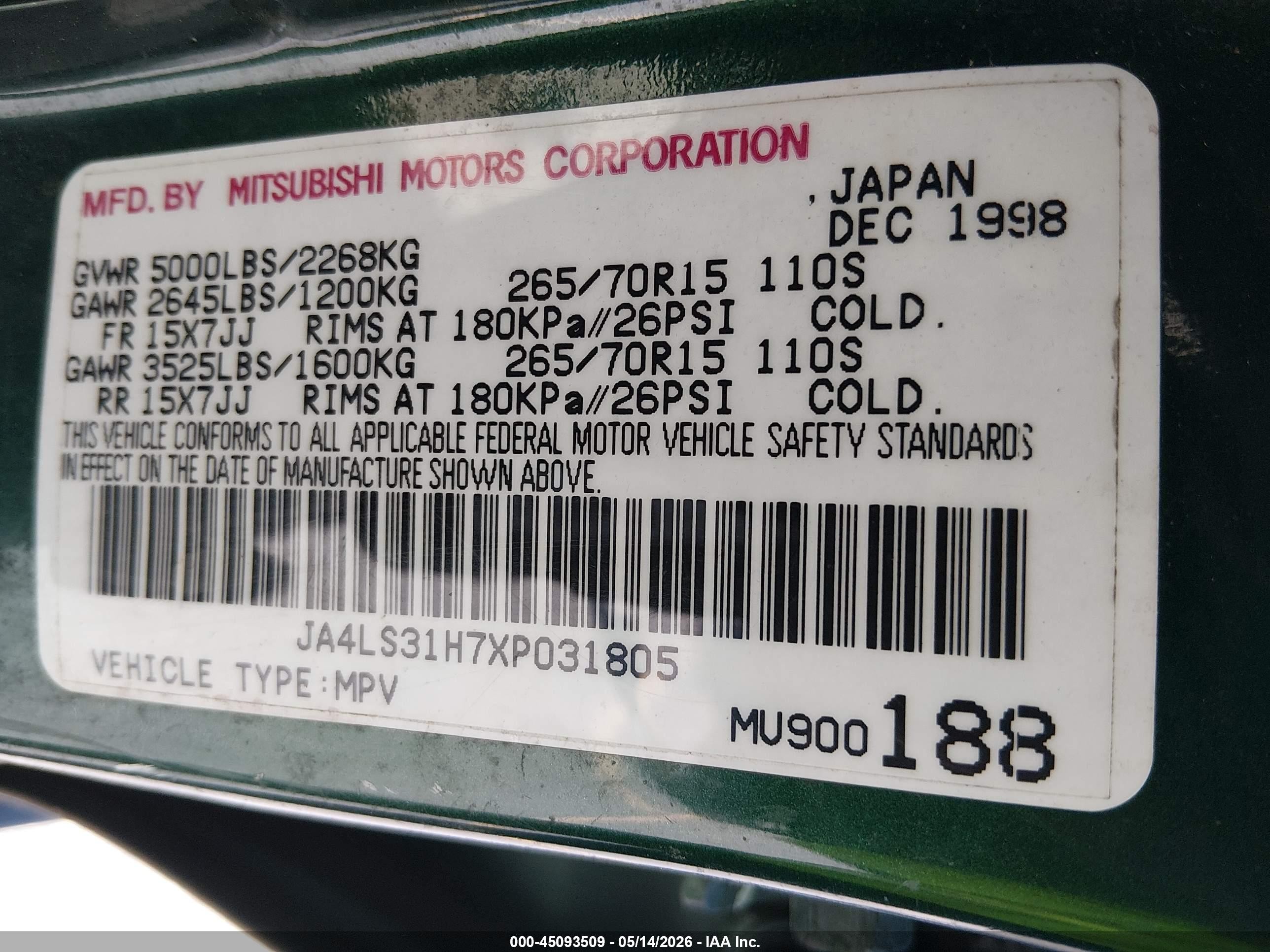 1999 Mitsubishi Montero Sport Ls/xls Green vin: JA4LS31H7XP031805