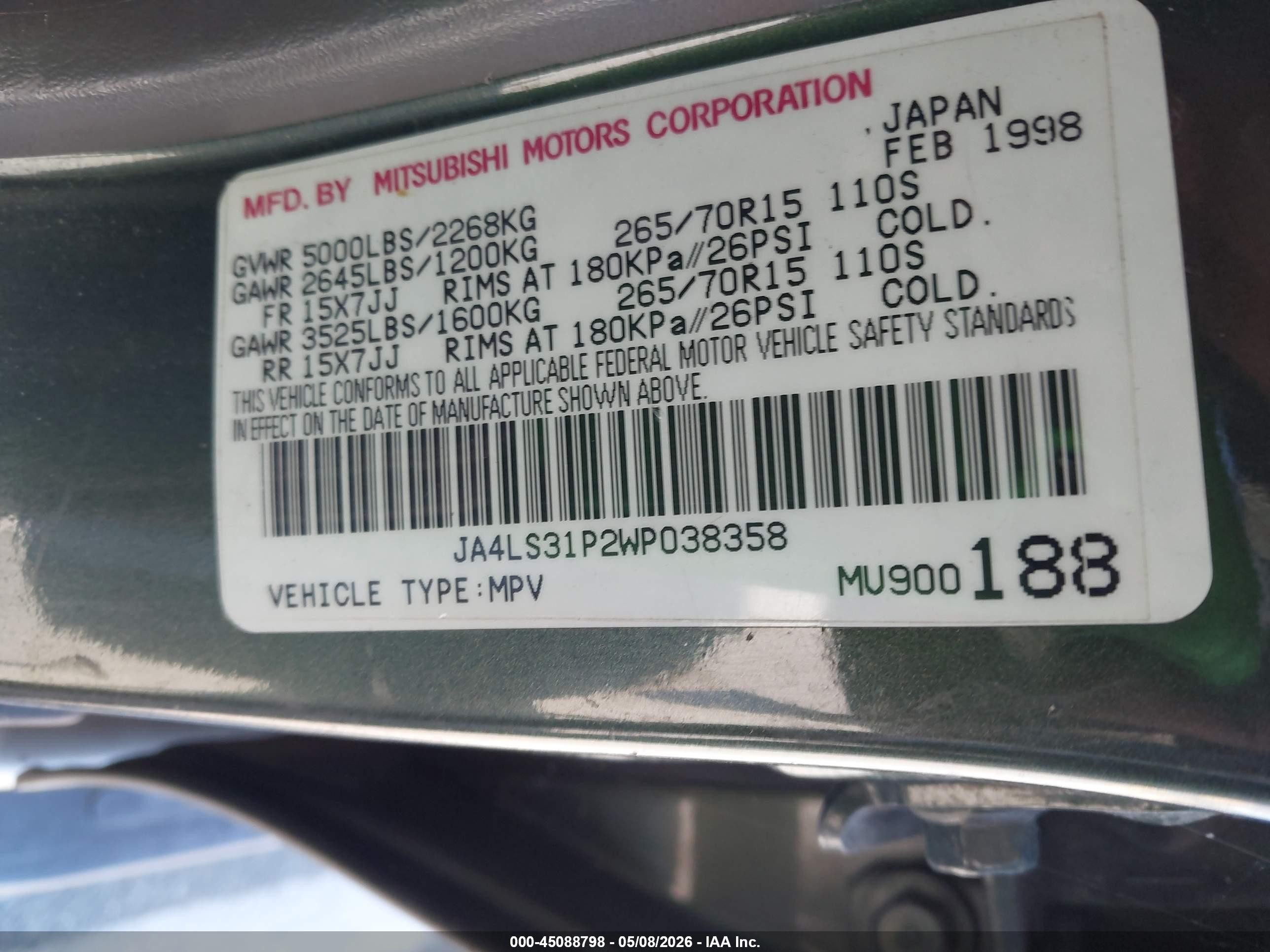 1998 Mitsubishi Montero Sport Ls Green vin: JA4LS31P2WPO38358