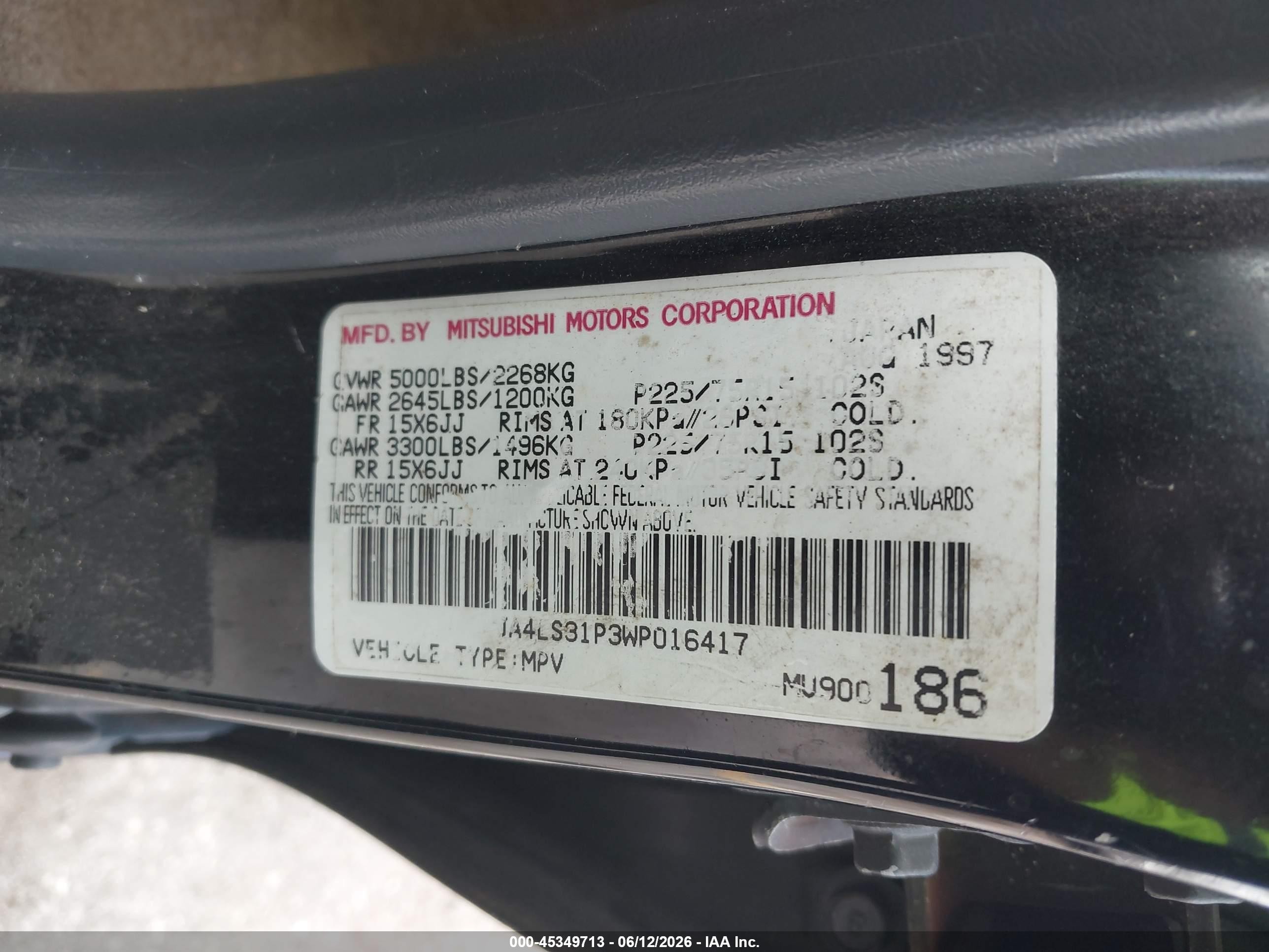 1998 Mitsubishi Montero Sport Ls Black vin: JA4LS31P3WP016417