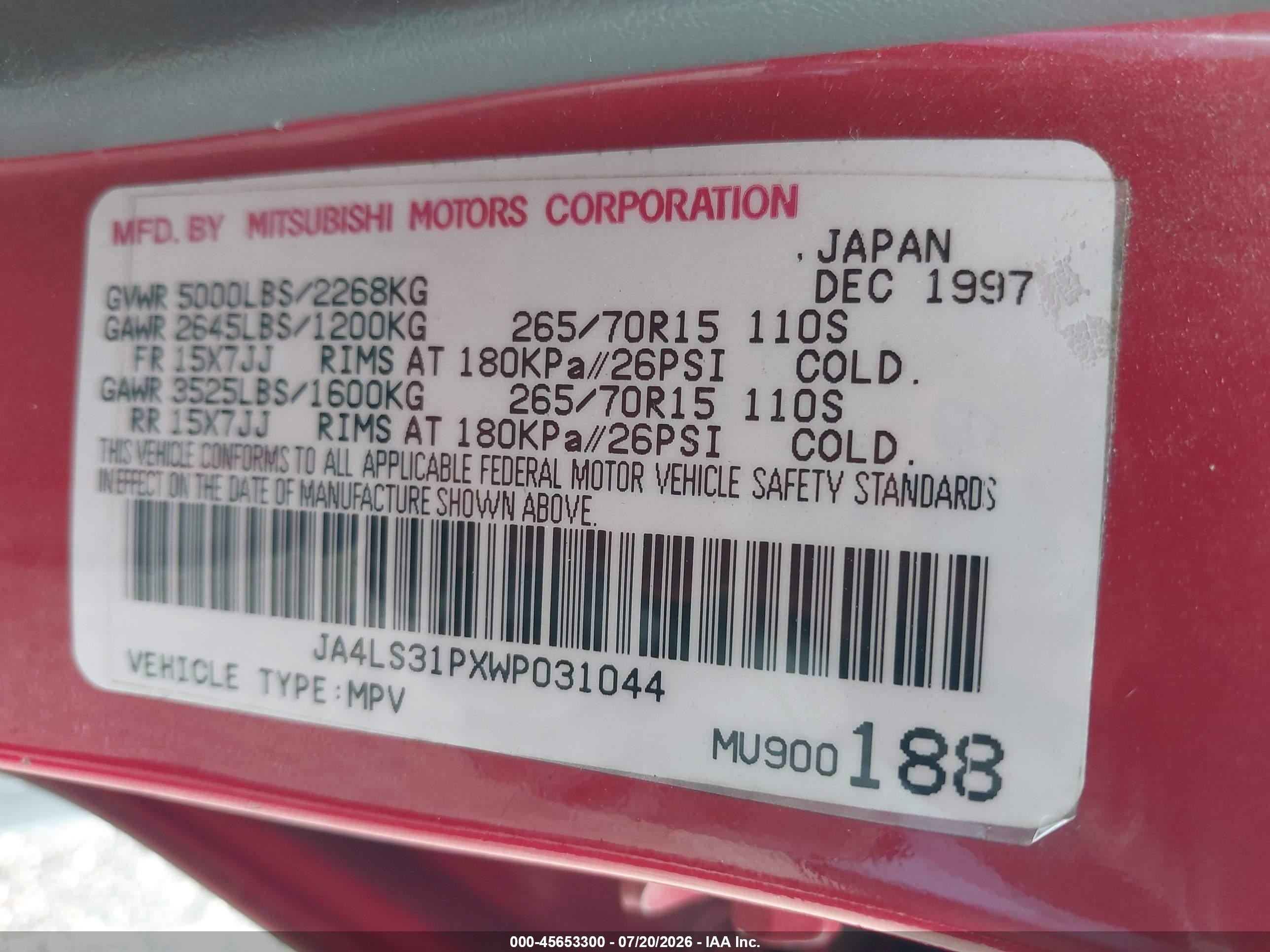 1998 Mitsubishi Montero Sport Ls Red vin: JA4LS31PXWP031044