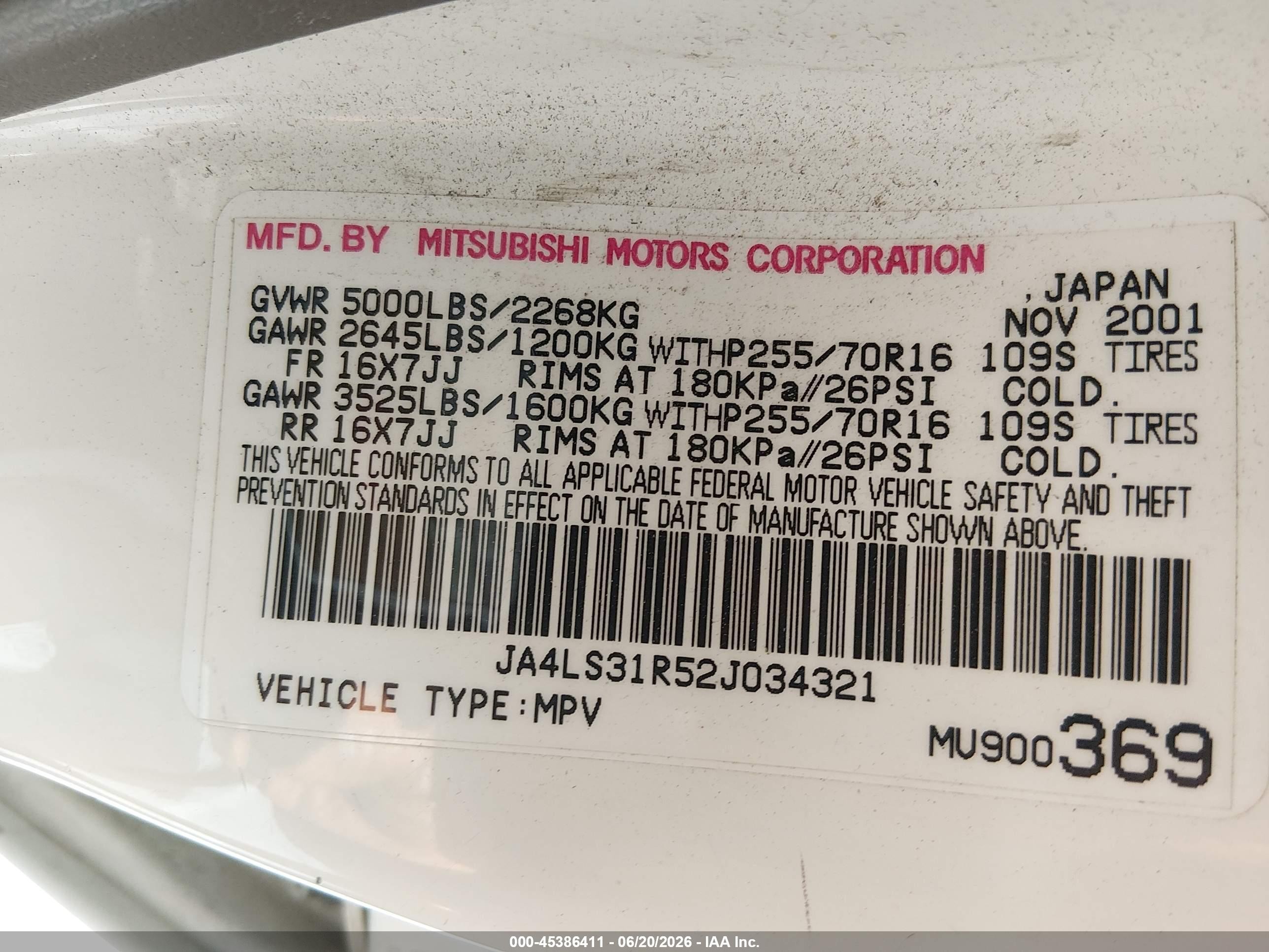2002 Mitsubishi Montero Sport Xls White vin: JA4LS31R52J034321