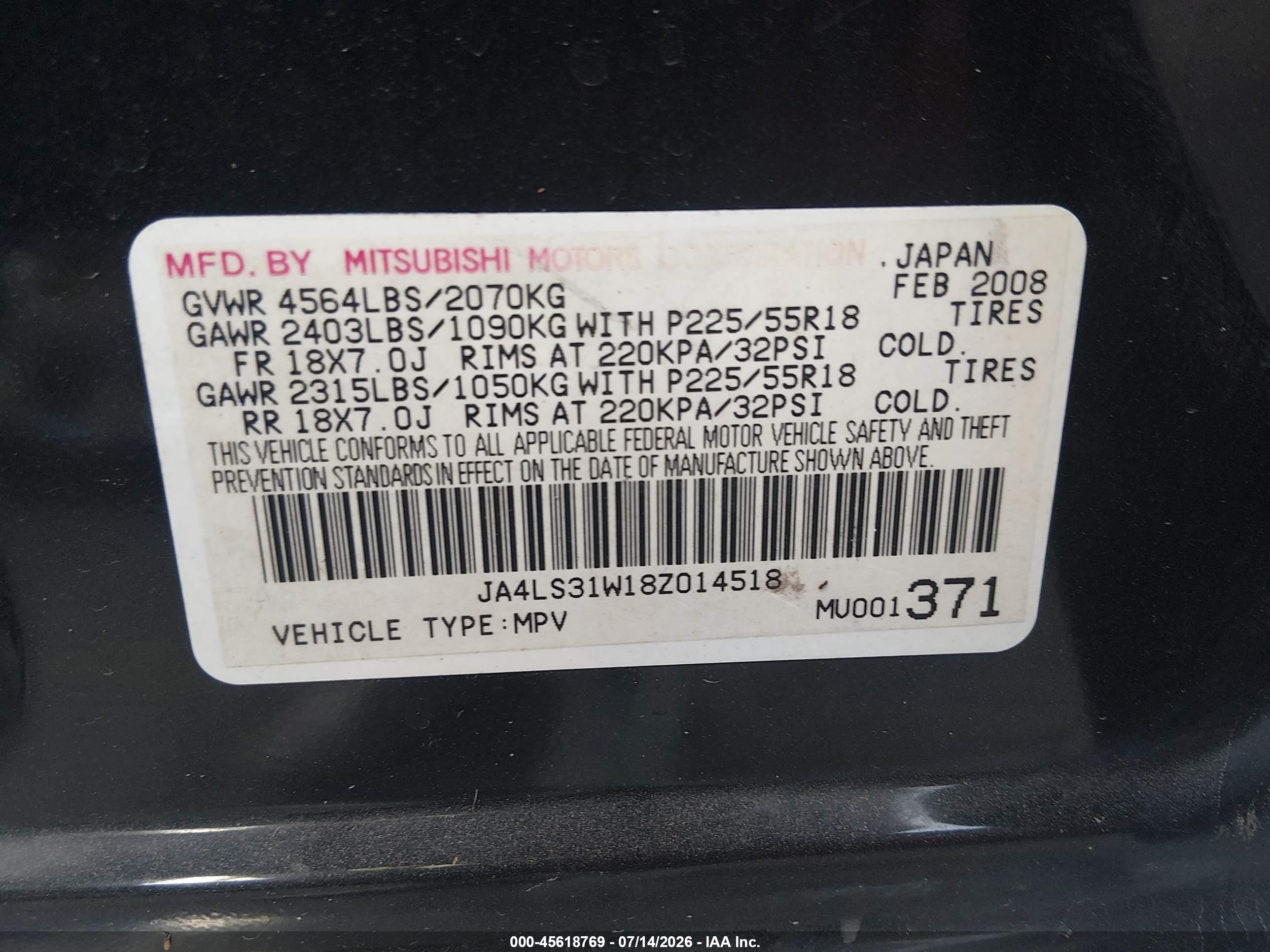 2008 Mitsubishi Outlander Se Black vin: JA4LS31W18Z014518
