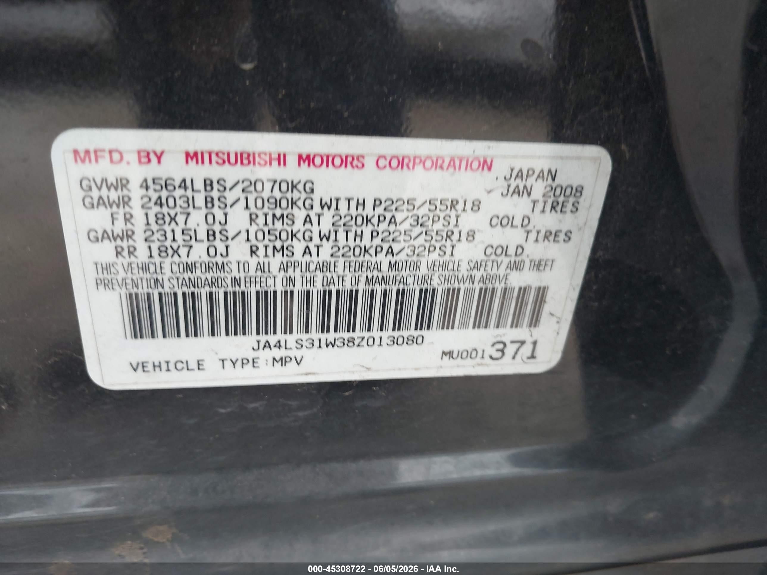2008 Mitsubishi Outlander Se Black vin: JA4LS31W38Z013080